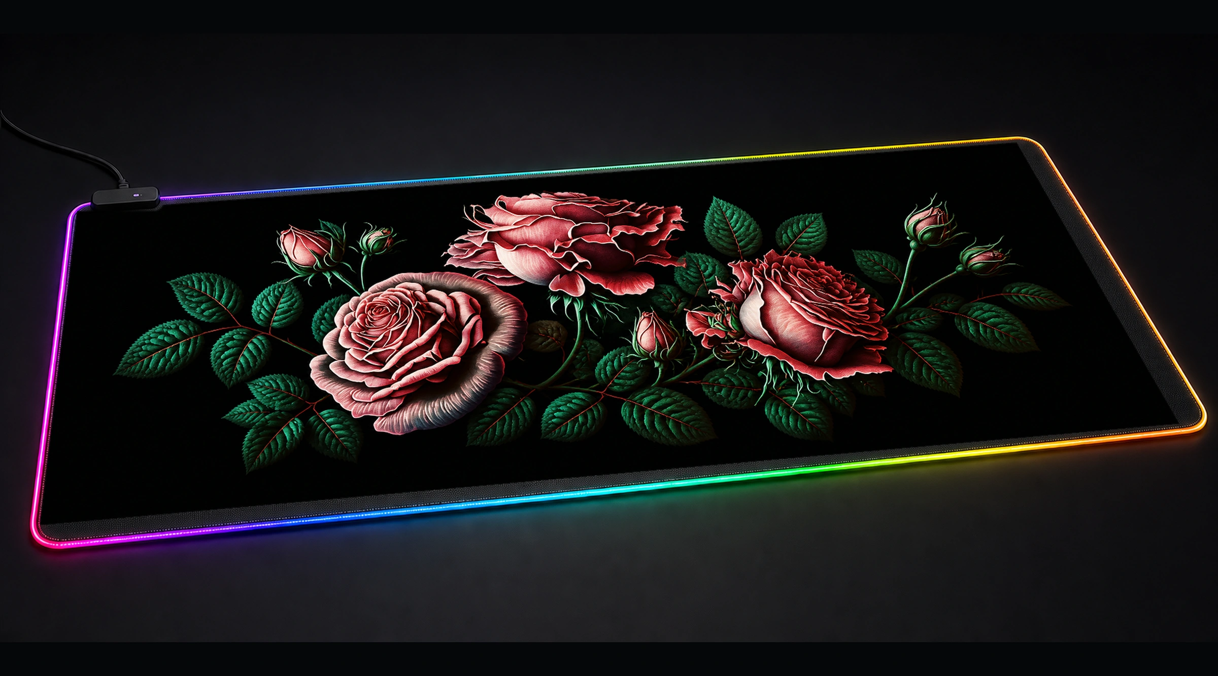 Pink Roses floral botanical art panoramic RGB gaming desk mat product view