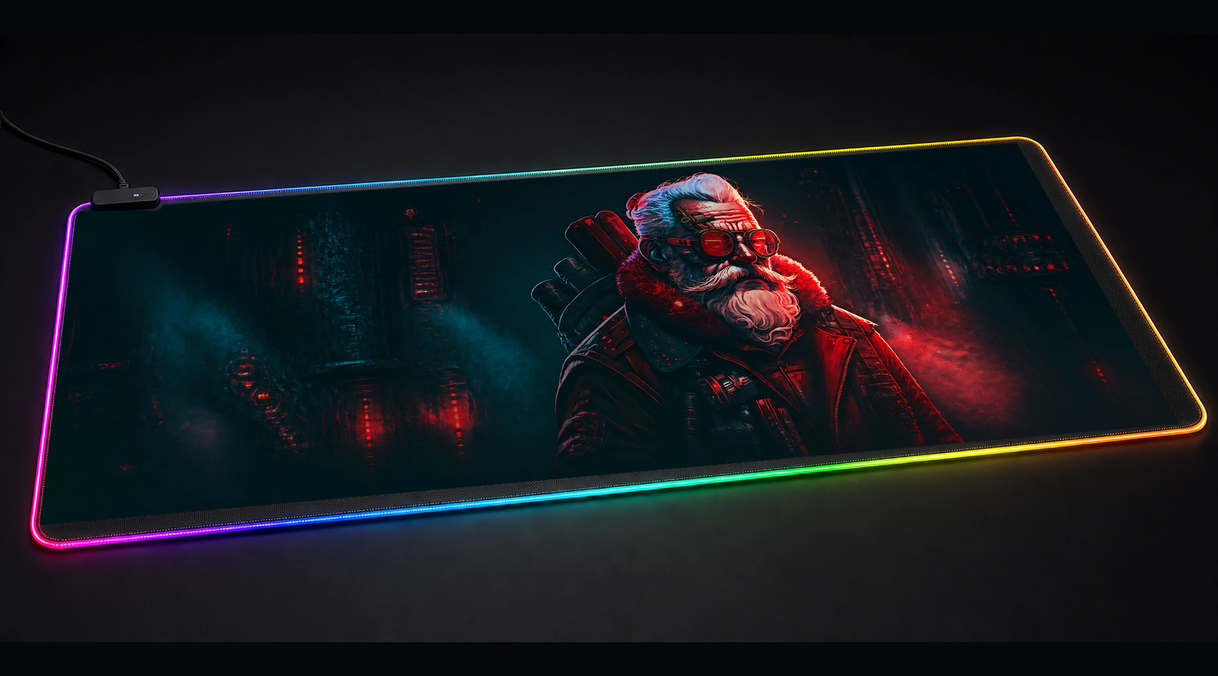 Santa Claus Neon Punk mancave hobby art panoramic RGB gaming desk mat product view
