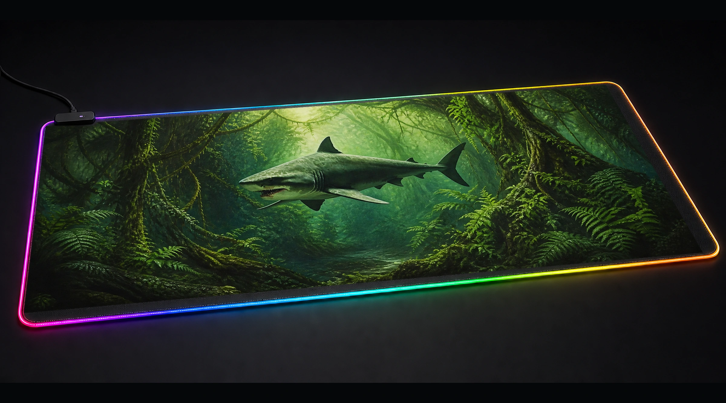 Shark Hunter in Jungle marine life art panoramic RGB gaming desk mat product view