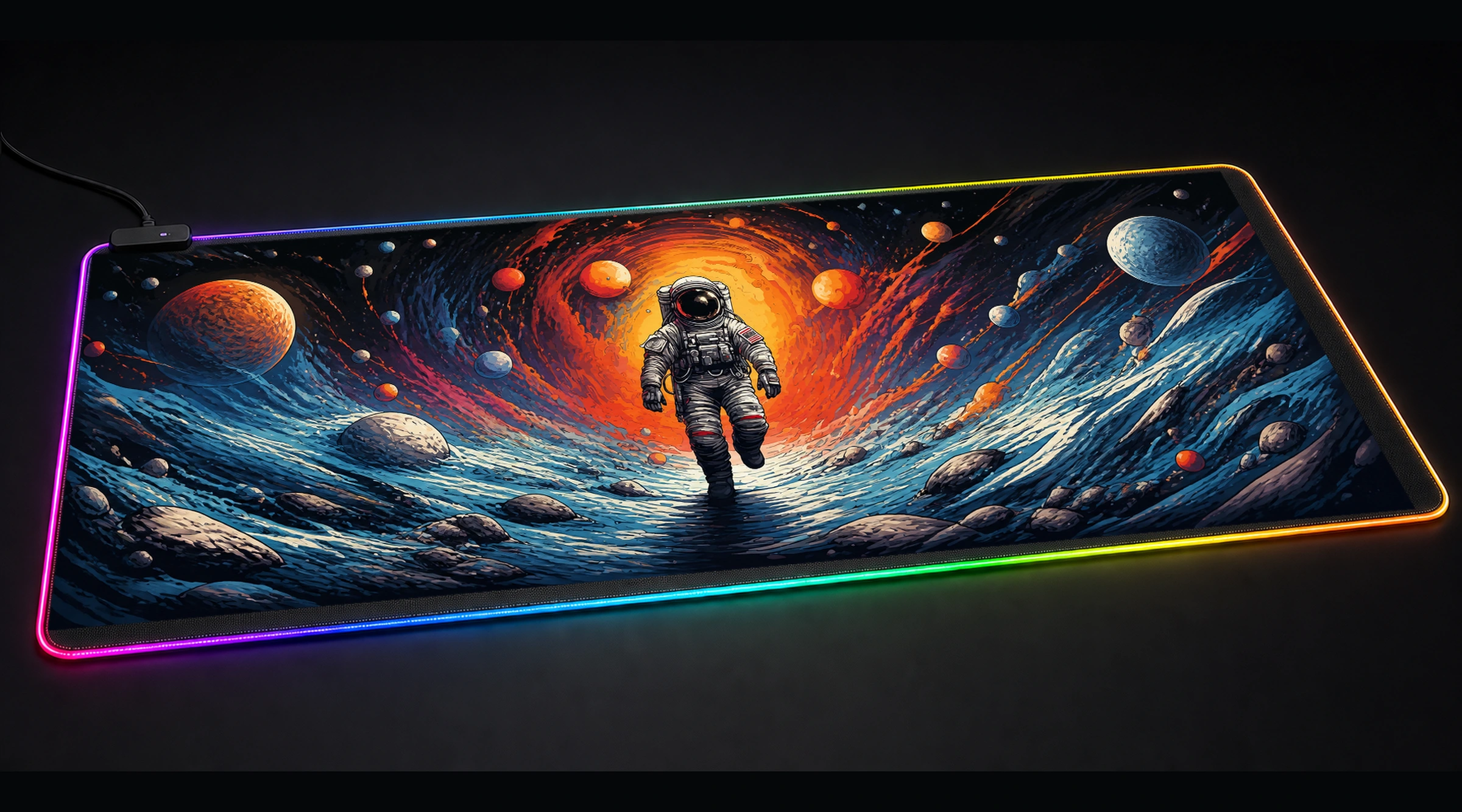Colorful Spaceman galaxy space art panoramic RGB gaming desk mat product view