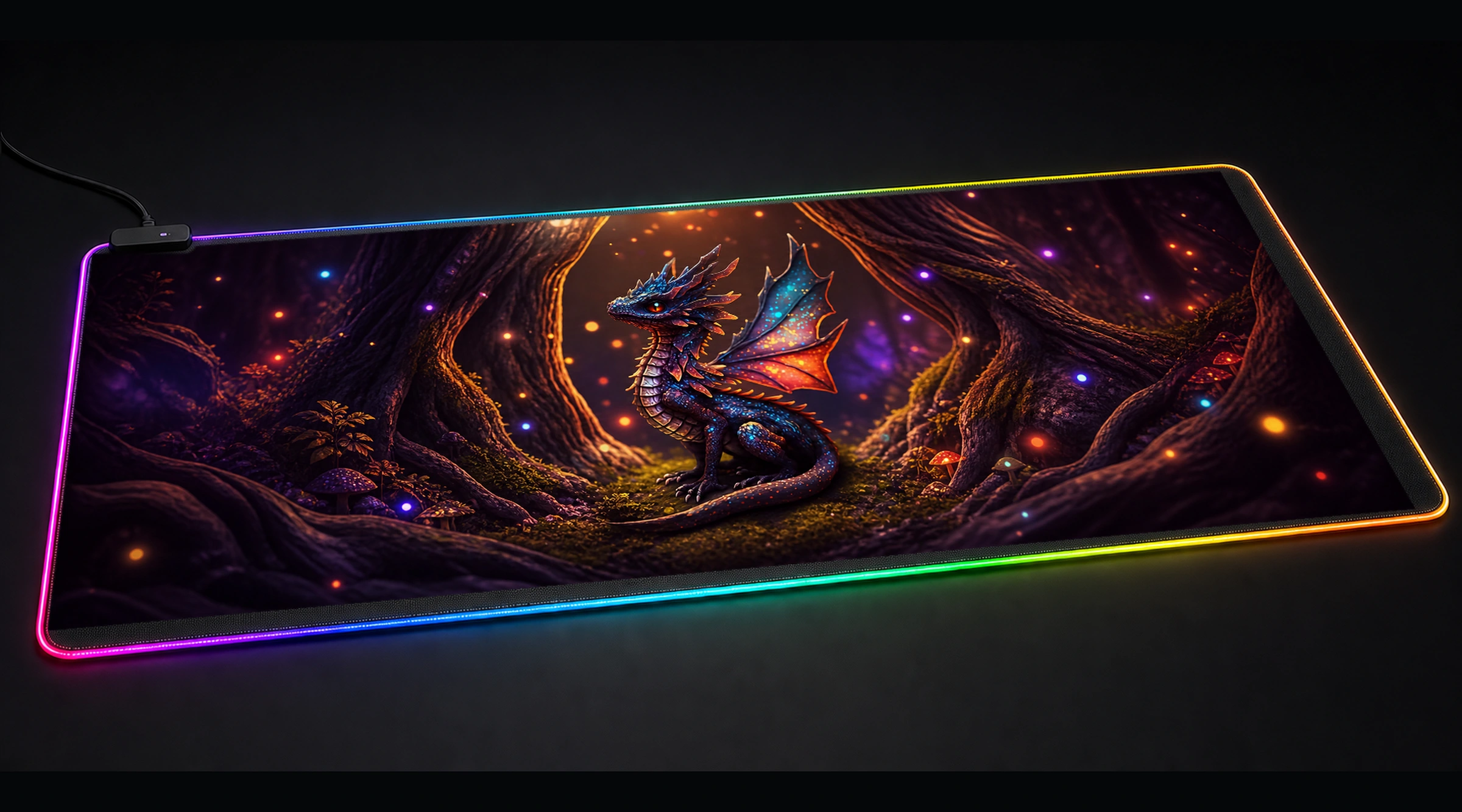 Black Fire Dragon Cub dragon fantasy panoramic RGB gaming desk mat product view
