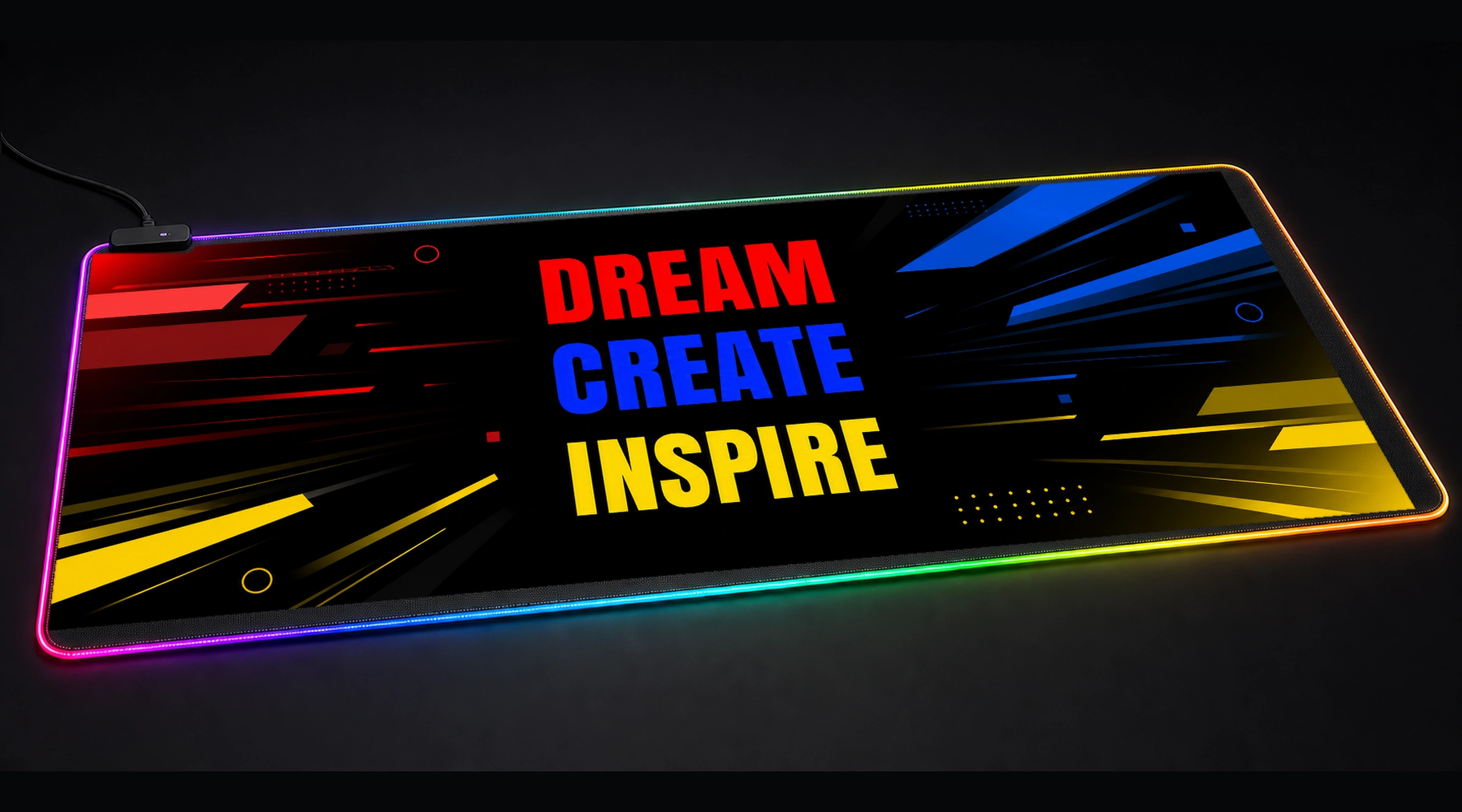 Quotes — Crimson Punchline motivational quote panoramic RGB gaming desk mat product view