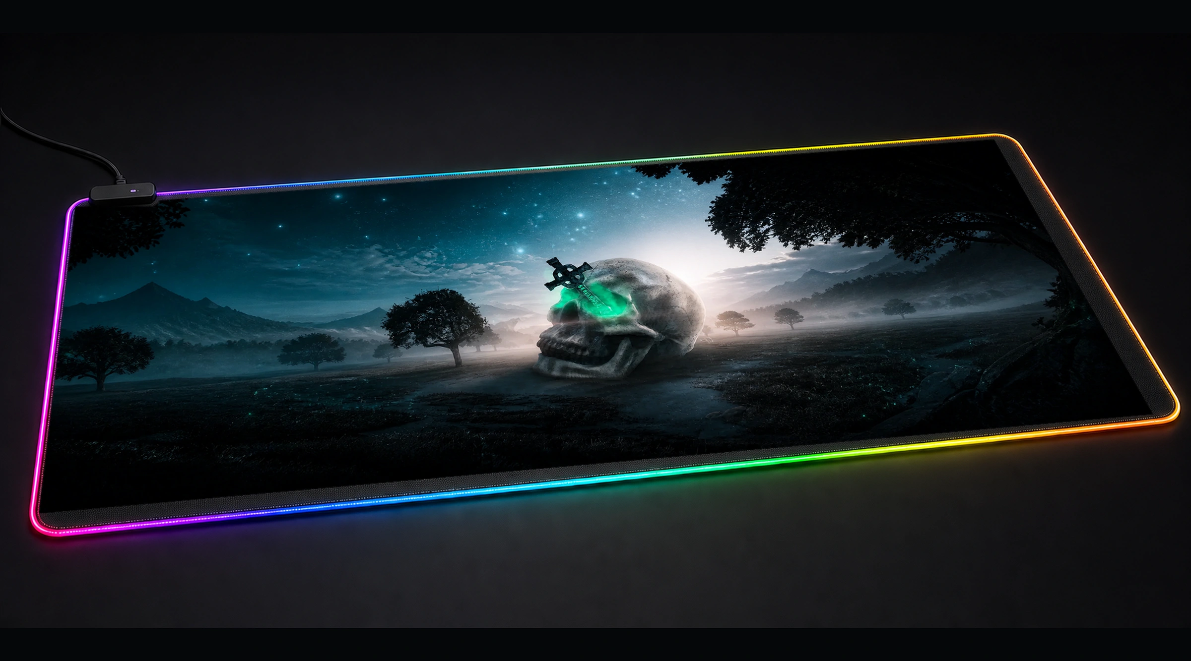 Skull Island forest landscape panoramic RGB gaming desk mat product view