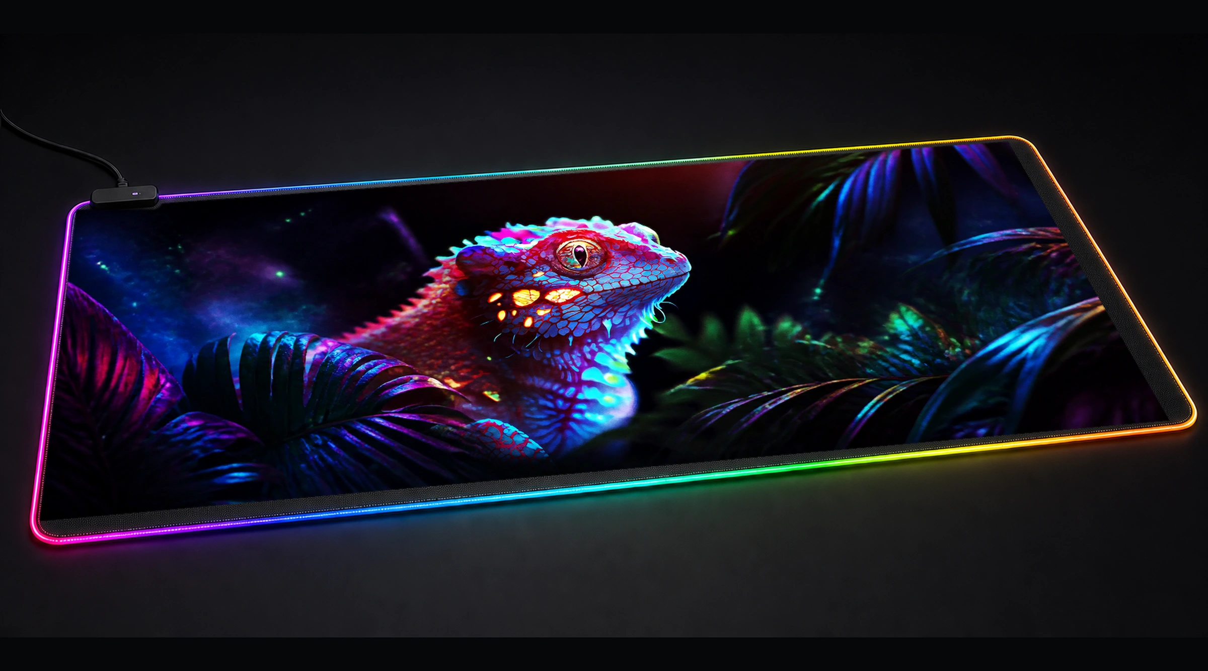 Realistic Lizard fantasy wildlife art panoramic RGB gaming desk mat product view