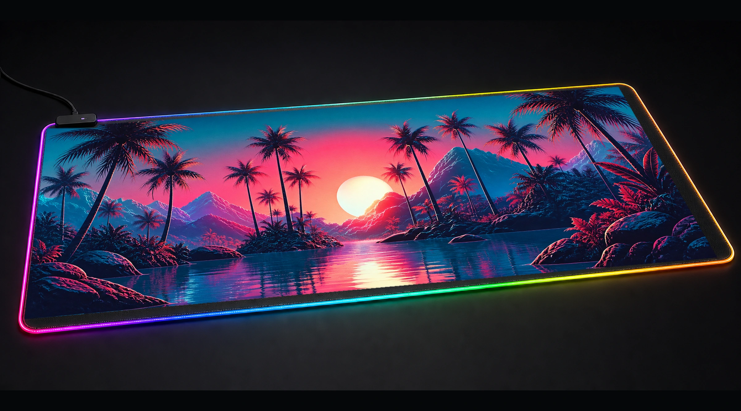 Beautiful Sunrise ocean wave art panoramic RGB gaming desk mat product view
