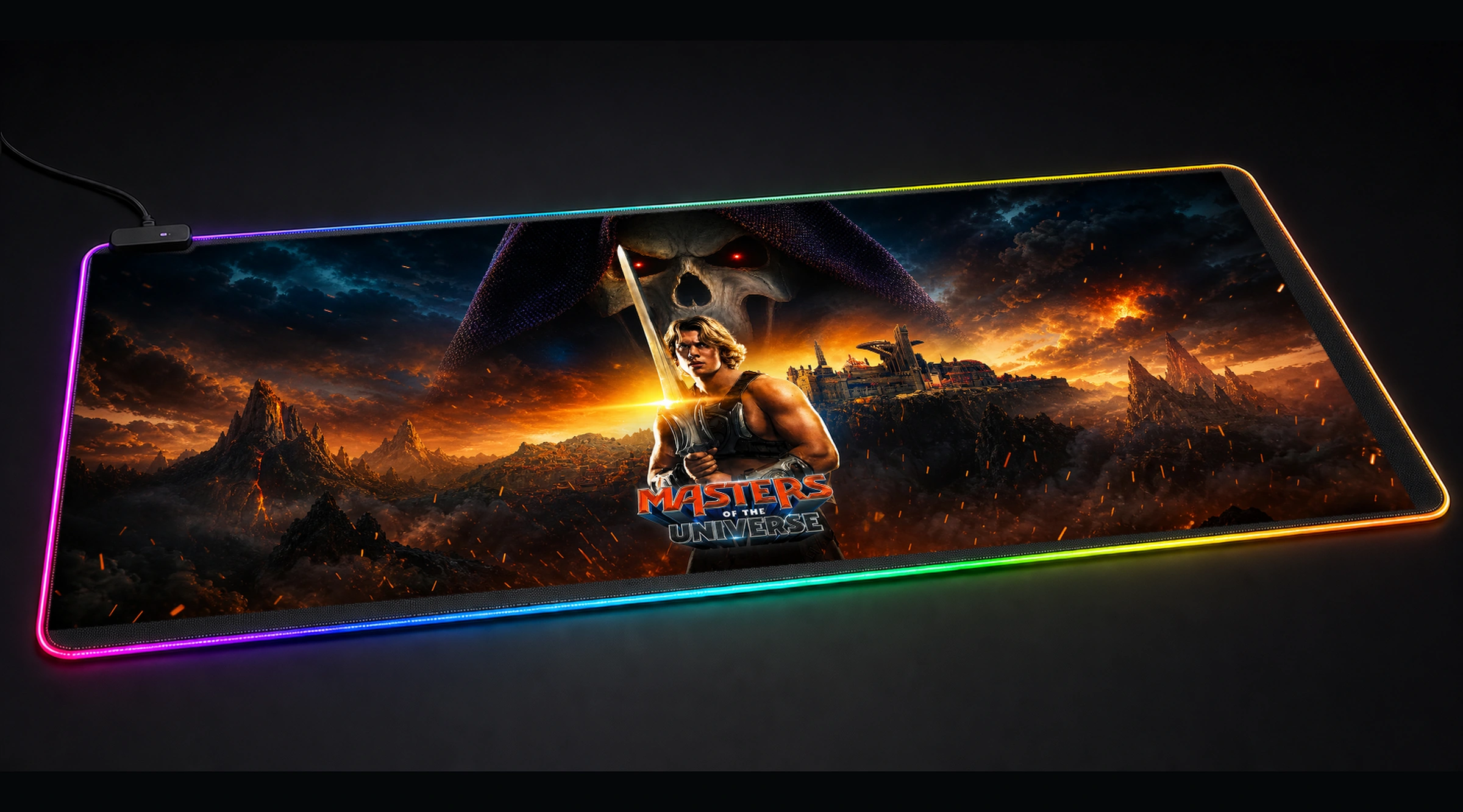 Masters of the Universe He - Man Artwork cyberpunk city panoramic RGB gaming desk mat product view