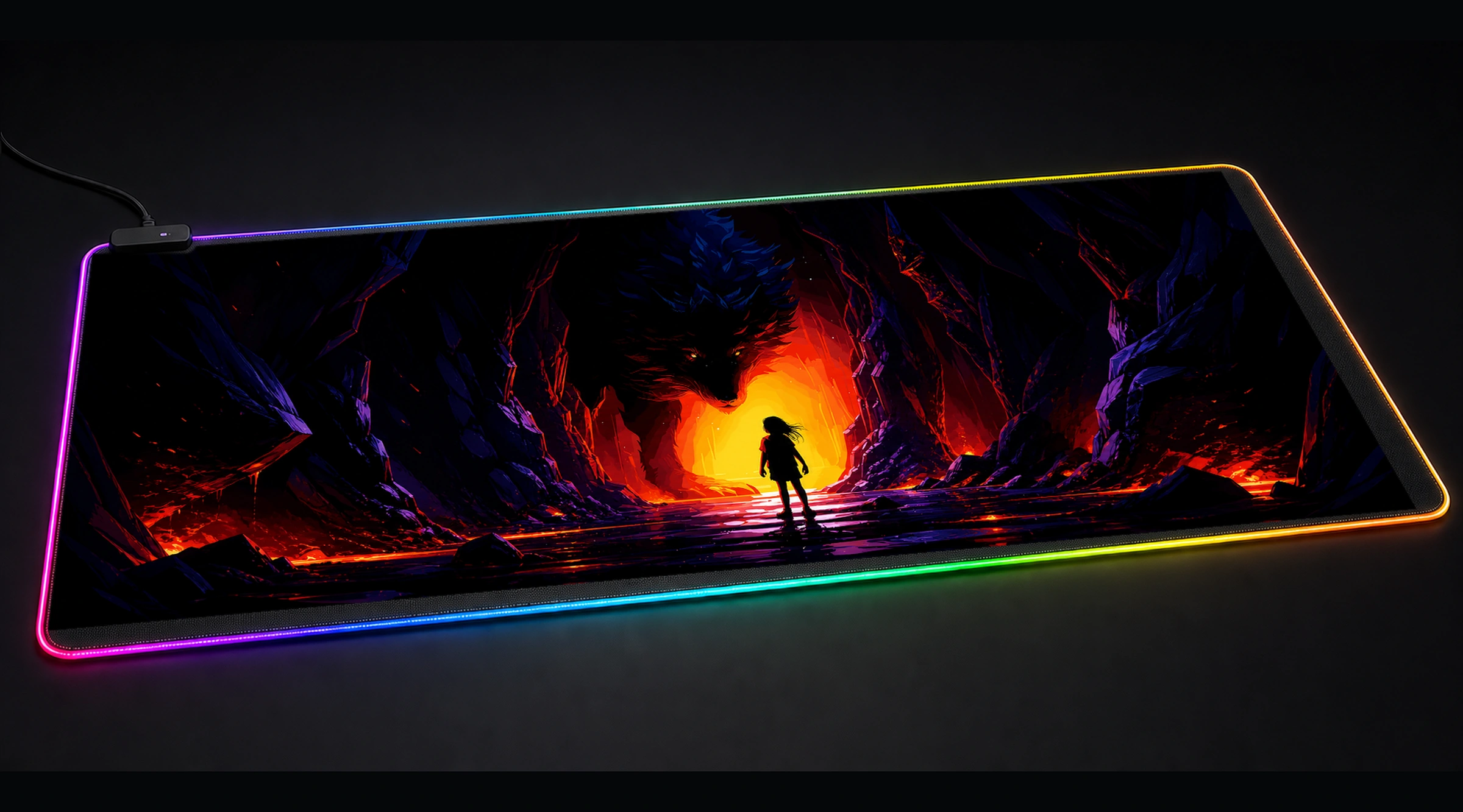 Ghost Wolf — Crimson Bloom wildlife art panoramic RGB gaming desk mat product view