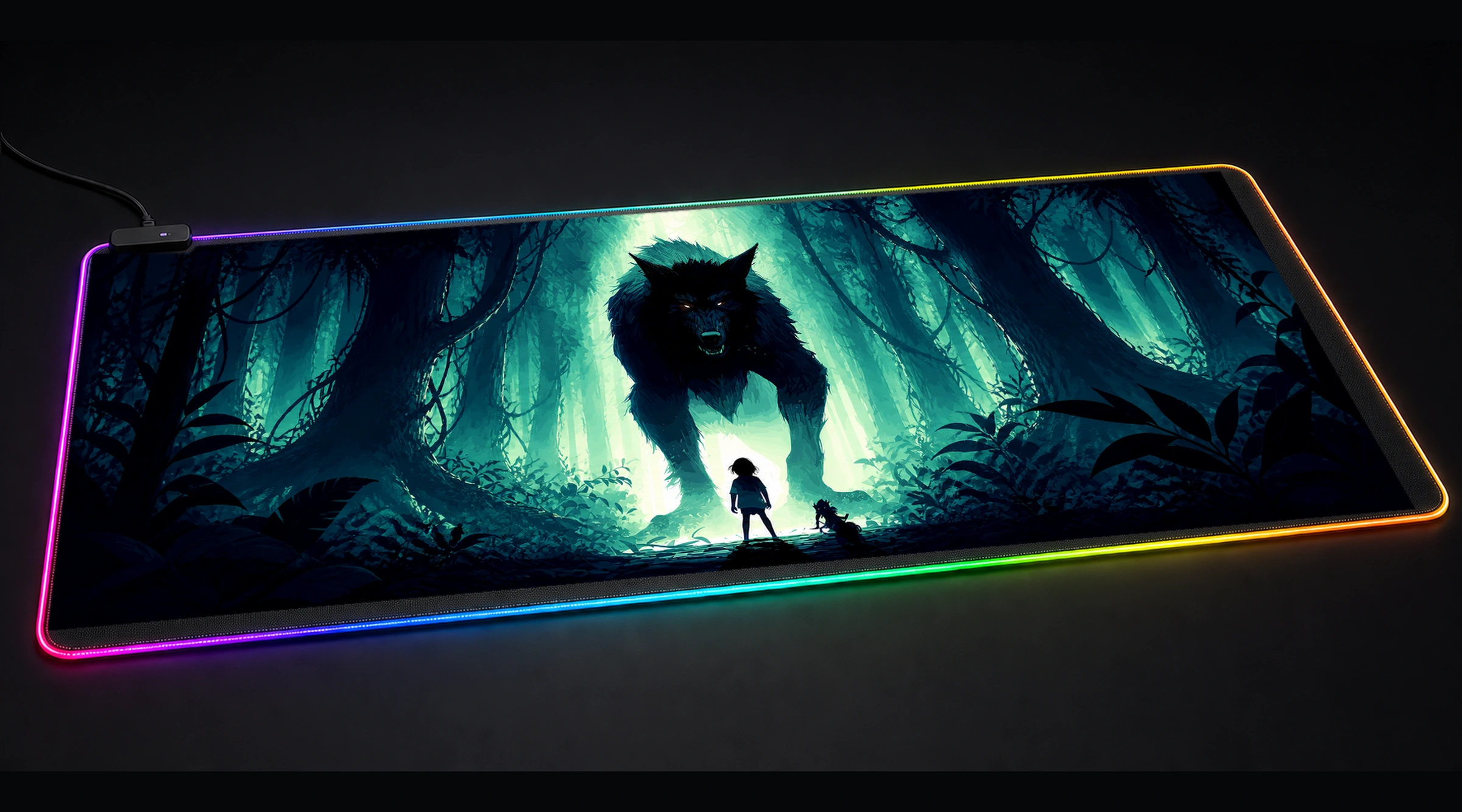 Ghost Wolf — Azure Forest Light wildlife art panoramic RGB gaming desk mat product view