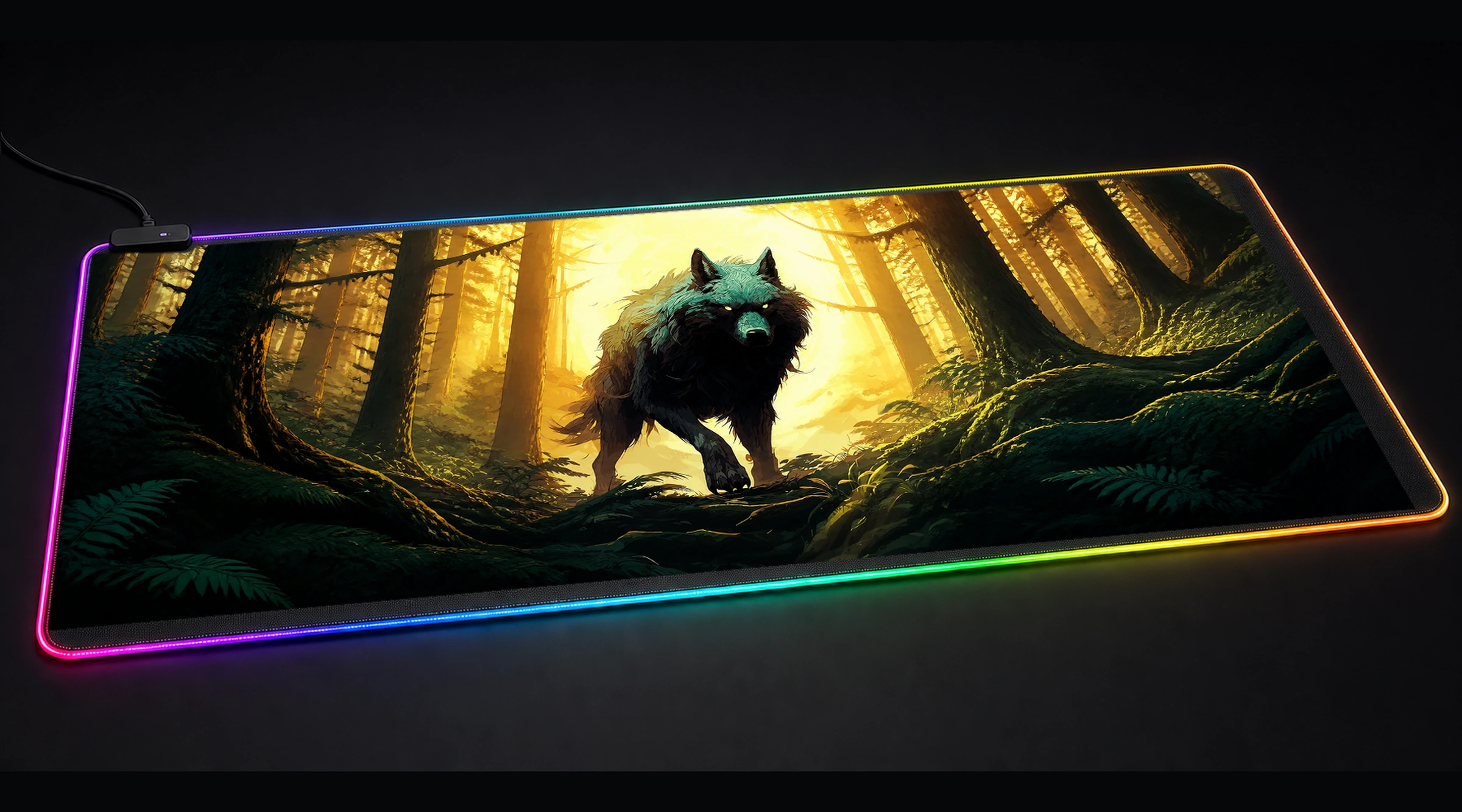 Ghost Wolf — Emerald Bloom wildlife art panoramic RGB gaming desk mat product view