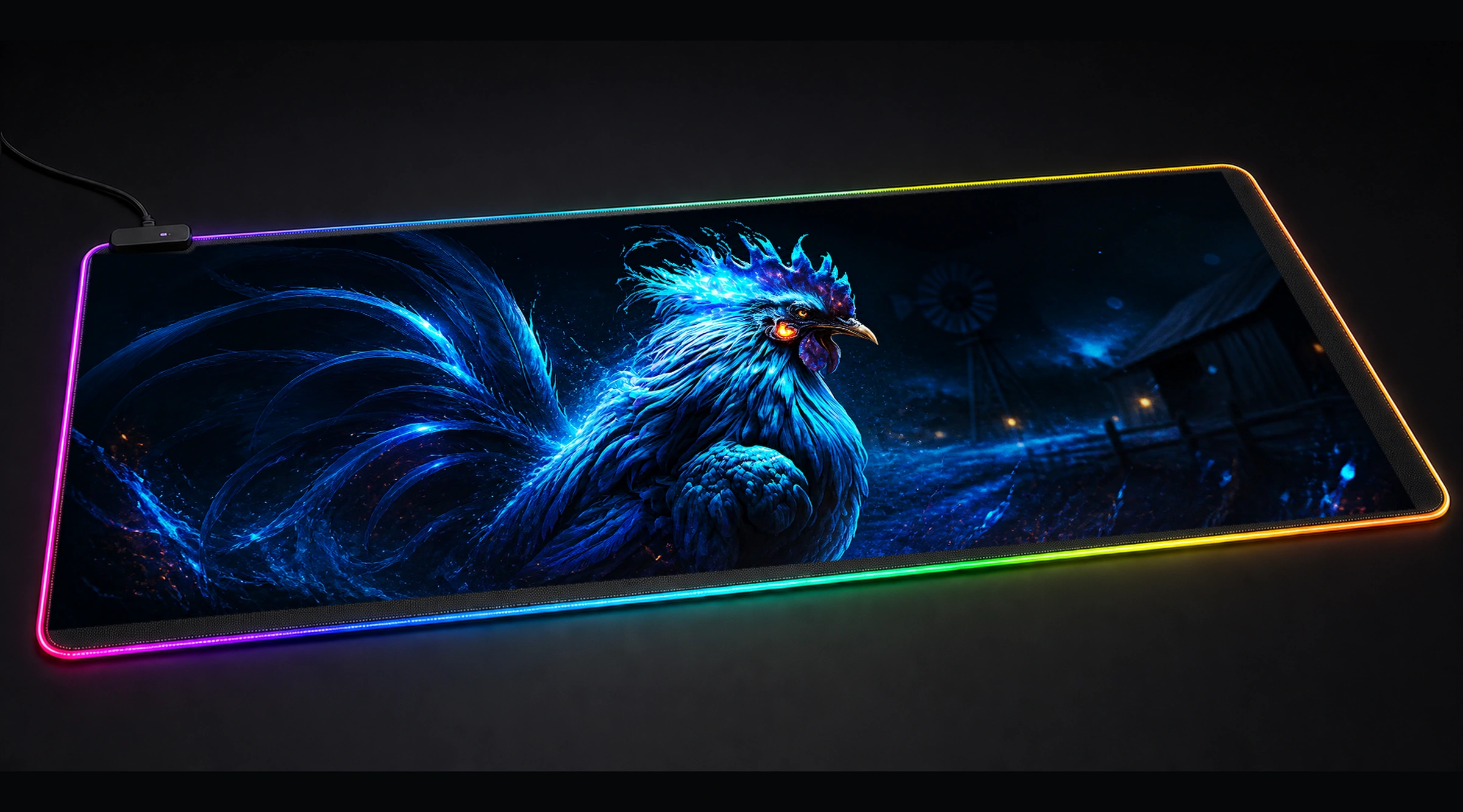 Blue Fire Rooster Monster abstract art panoramic RGB gaming desk mat product view
