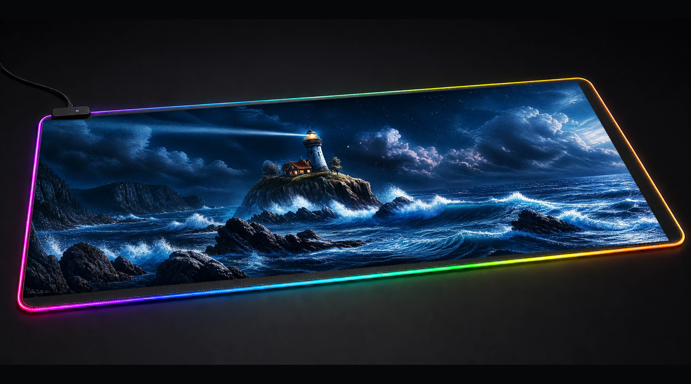 View of the Lighthouse ocean wave art panoramic RGB gaming desk mat product view