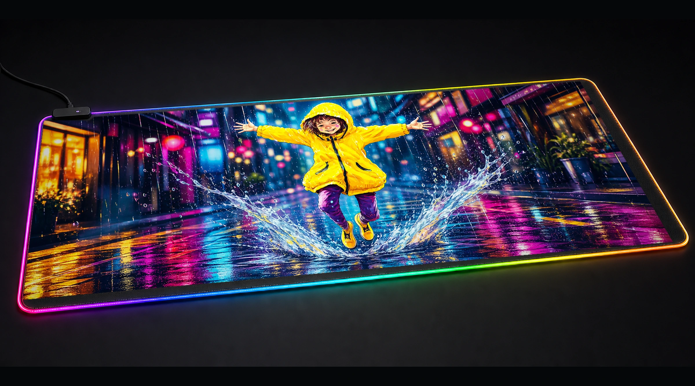 Child Jump in Rain anime art panoramic RGB gaming desk mat product view