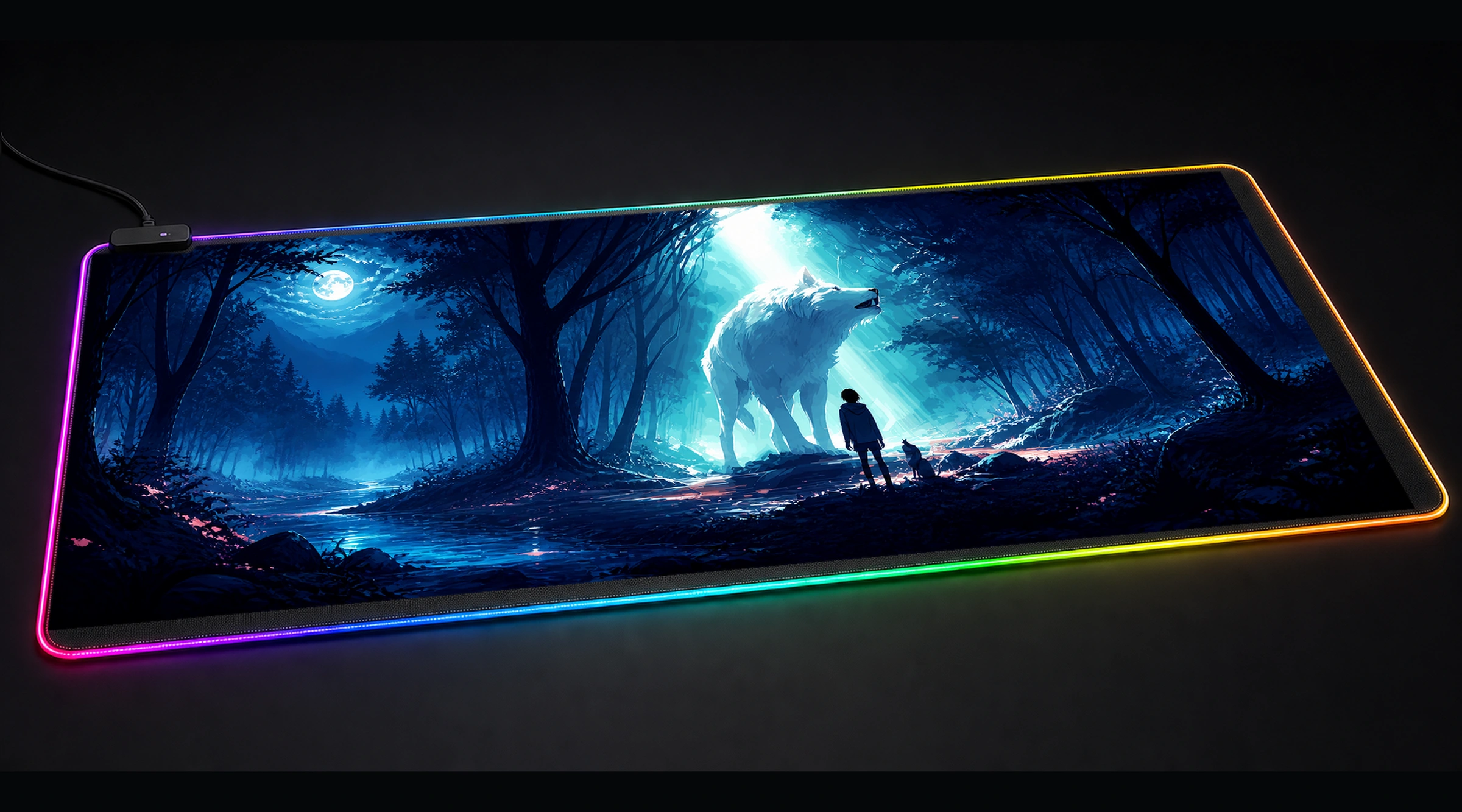 Ghost Wolf — Azure Wild Haven wildlife art panoramic RGB gaming desk mat product view