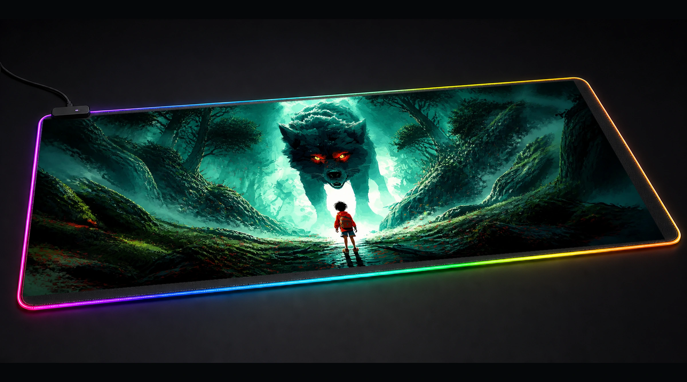 Ghost Wolf — Azure Forest Light Edition 2 wildlife art panoramic RGB gaming desk mat product view