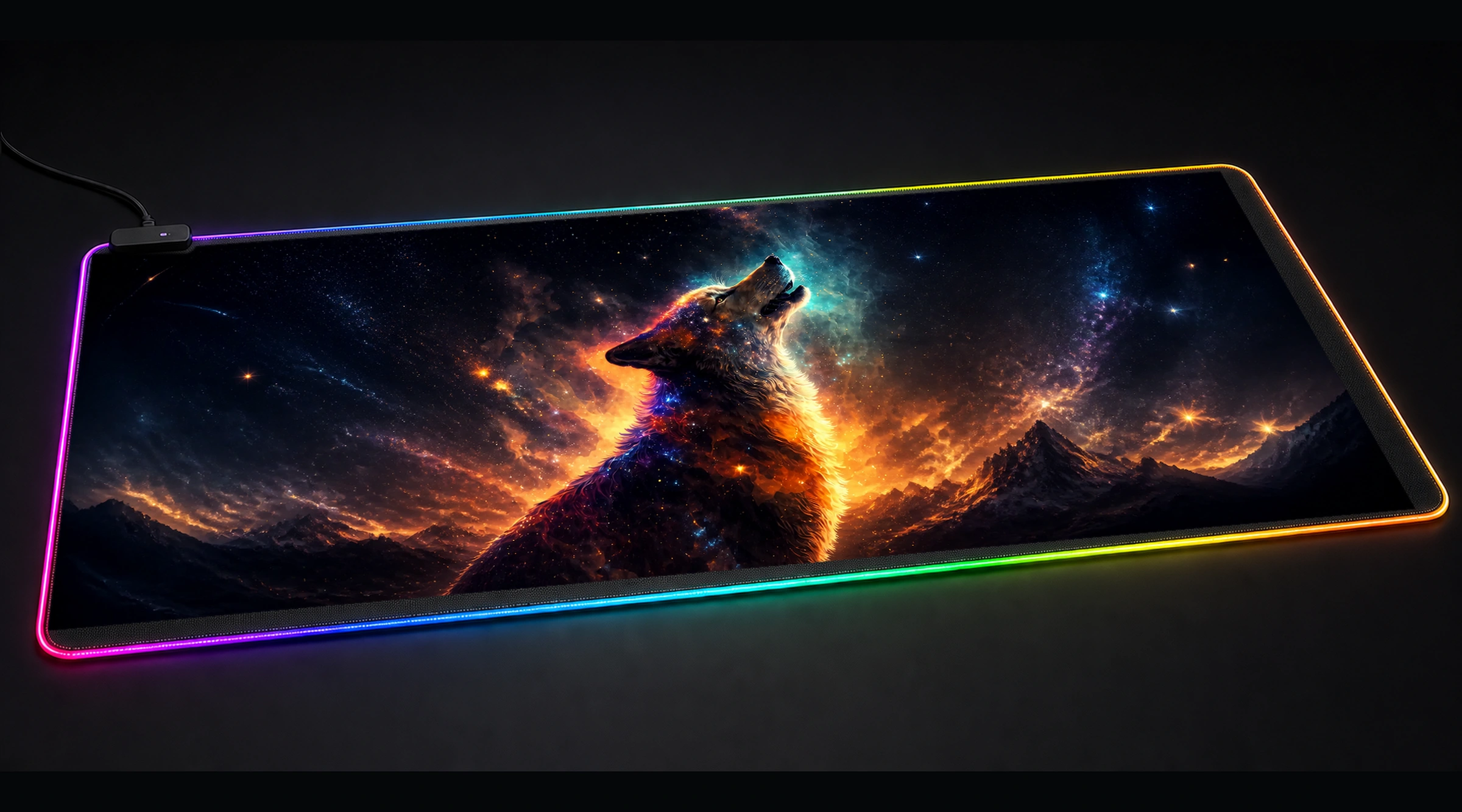 Lone Wolf in Space wildlife art panoramic RGB gaming desk mat product view