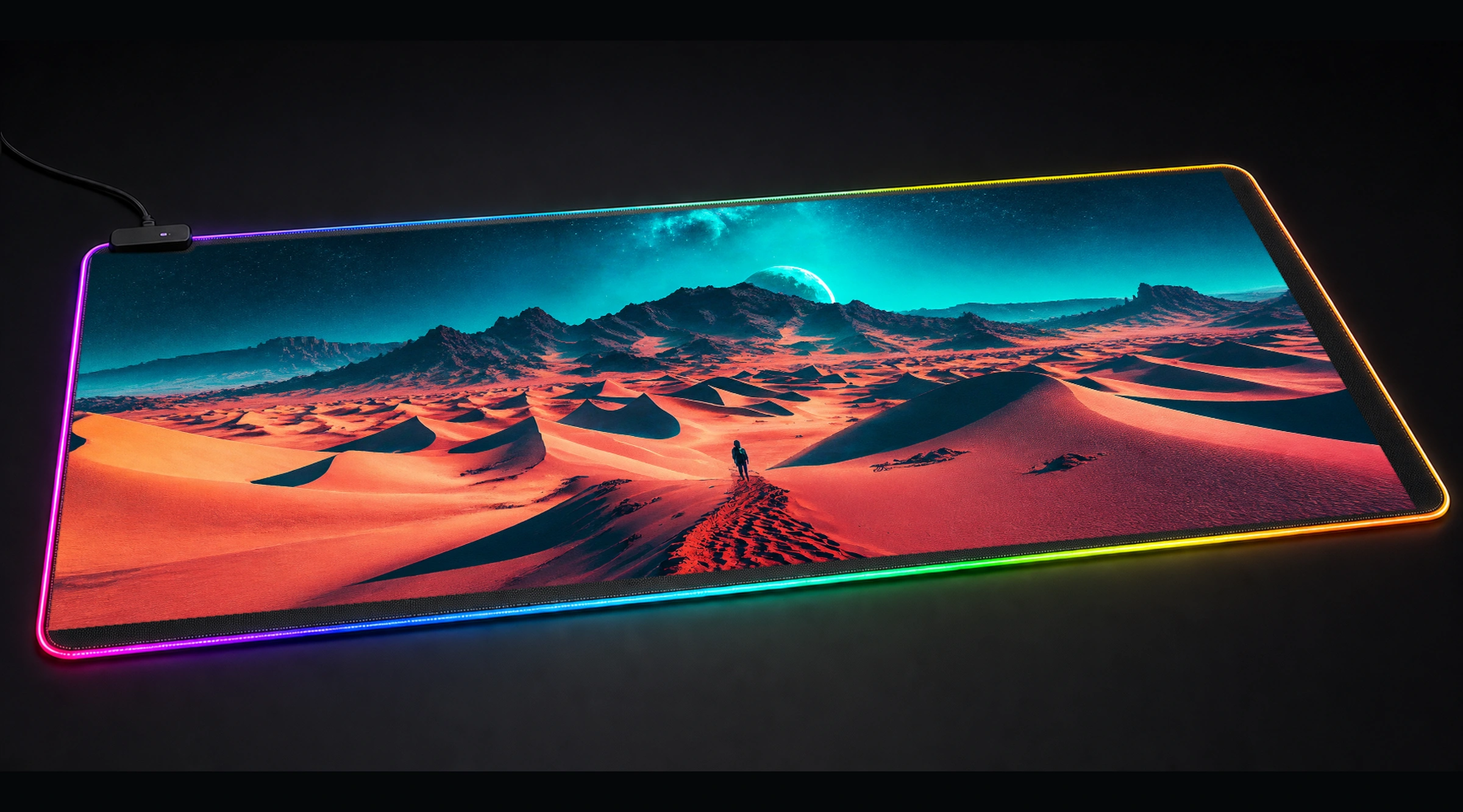 Walking in the Desert alien ufo art panoramic RGB gaming desk mat product view