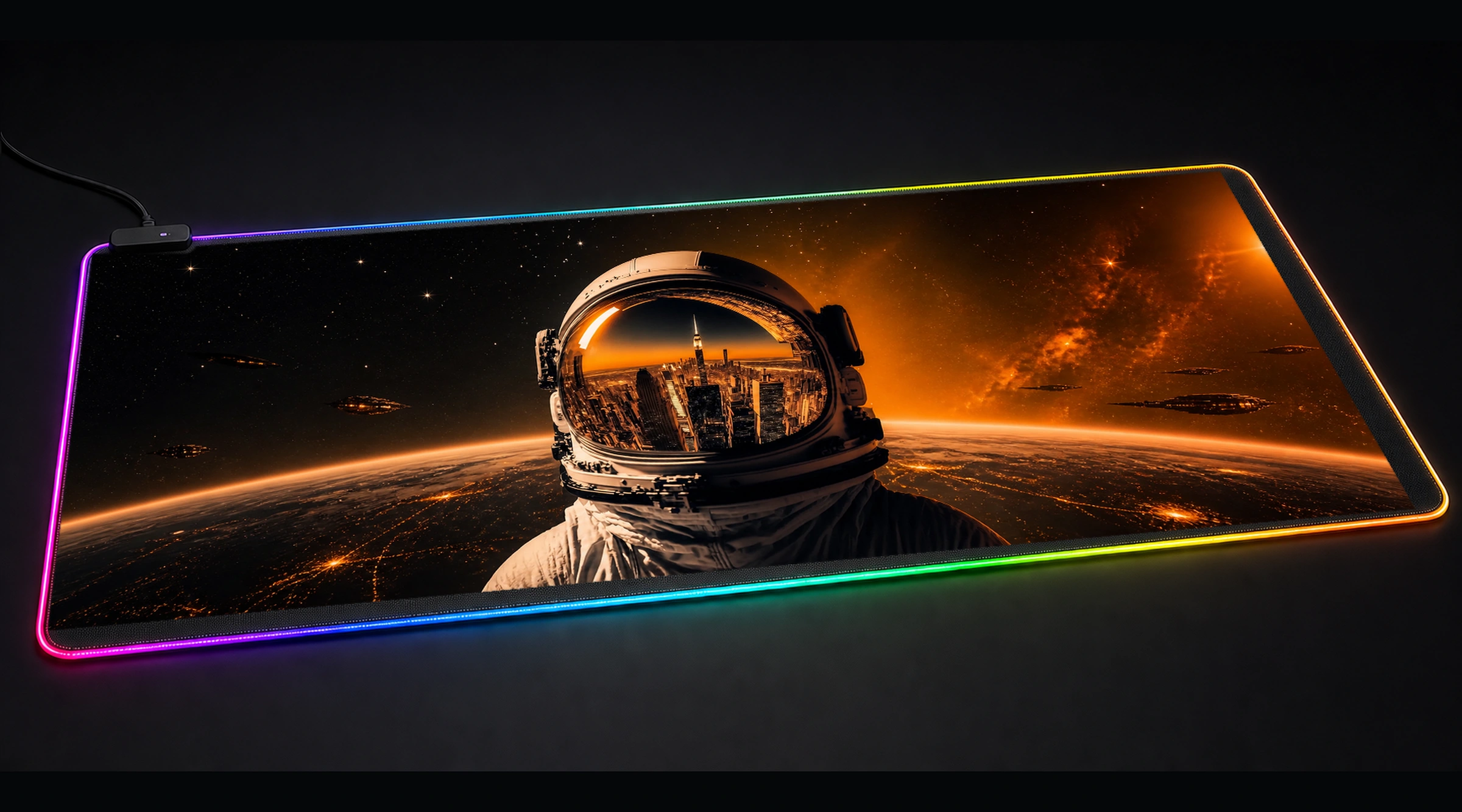 Astronauts Home City Visor astronaut space art panoramic RGB gaming desk mat product view