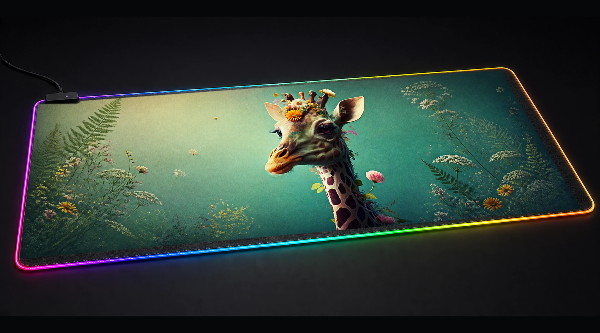 Giraffe Art floral botanical art panoramic RGB gaming desk mat product view