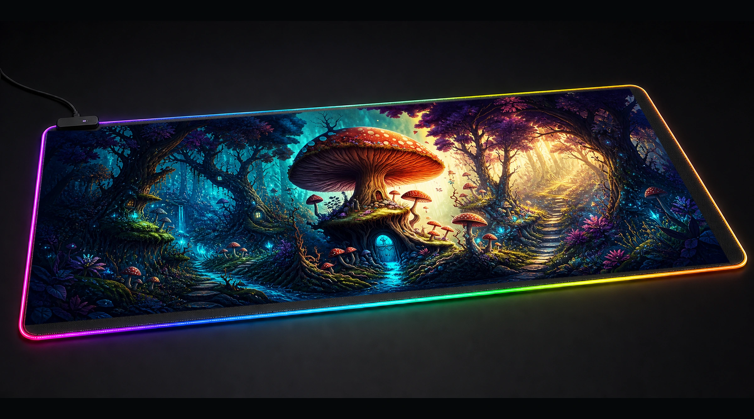 Mushroom Home floral botanical art panoramic RGB gaming desk mat product view