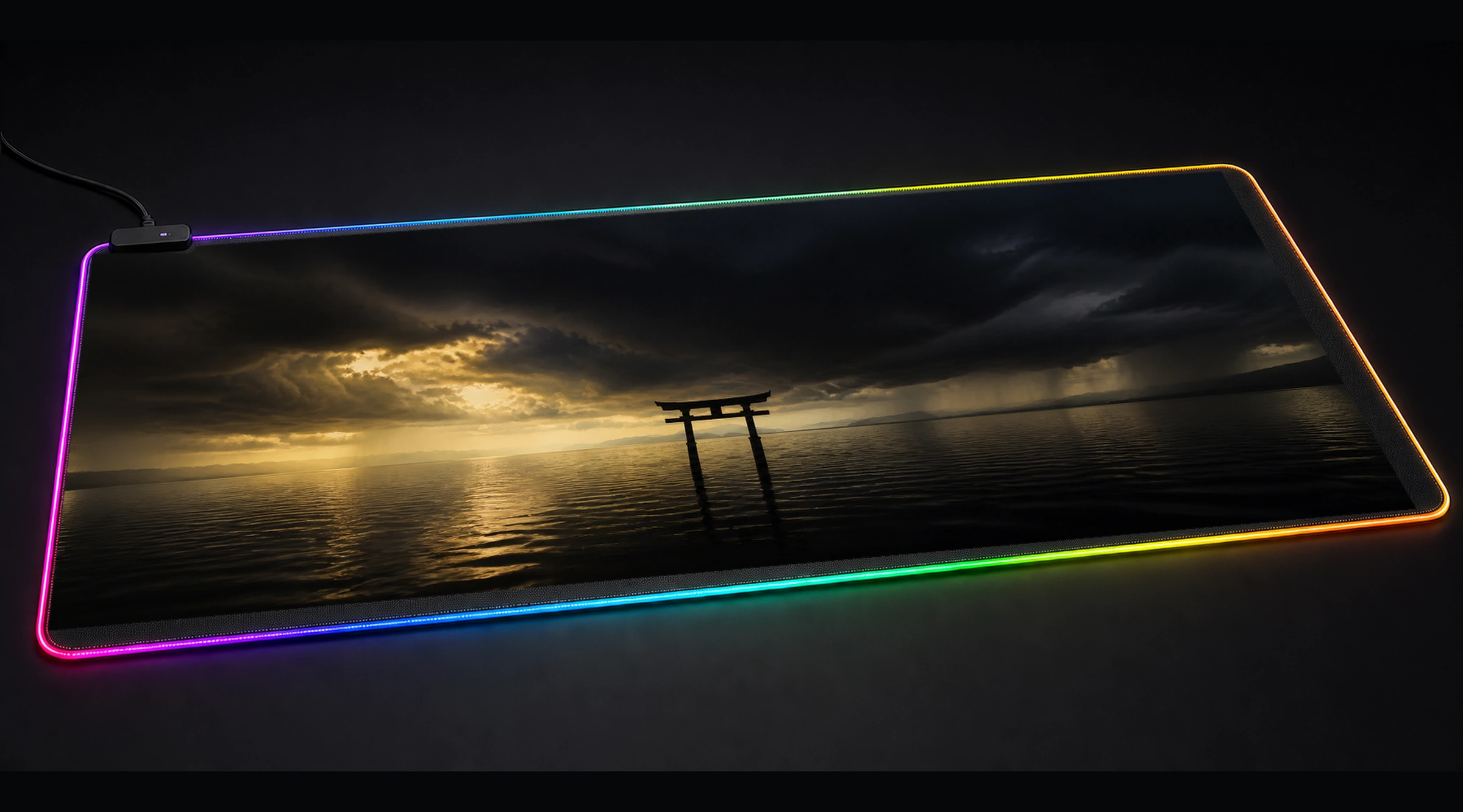 Itsukushima Gate — Golden Sakura japanese anime art panoramic RGB gaming desk mat product view