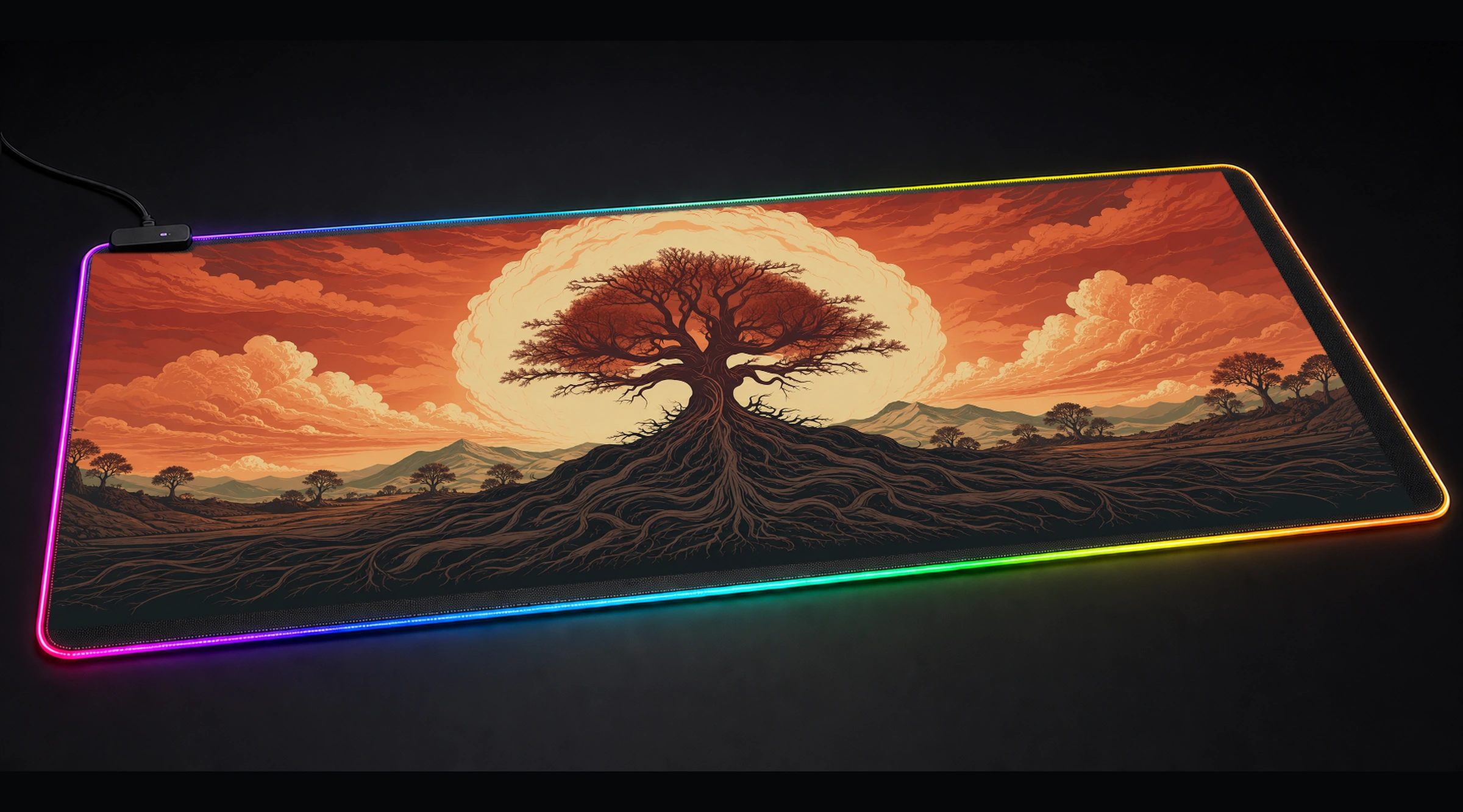 Tree in the Evening forest landscape panoramic RGB gaming desk mat product view
