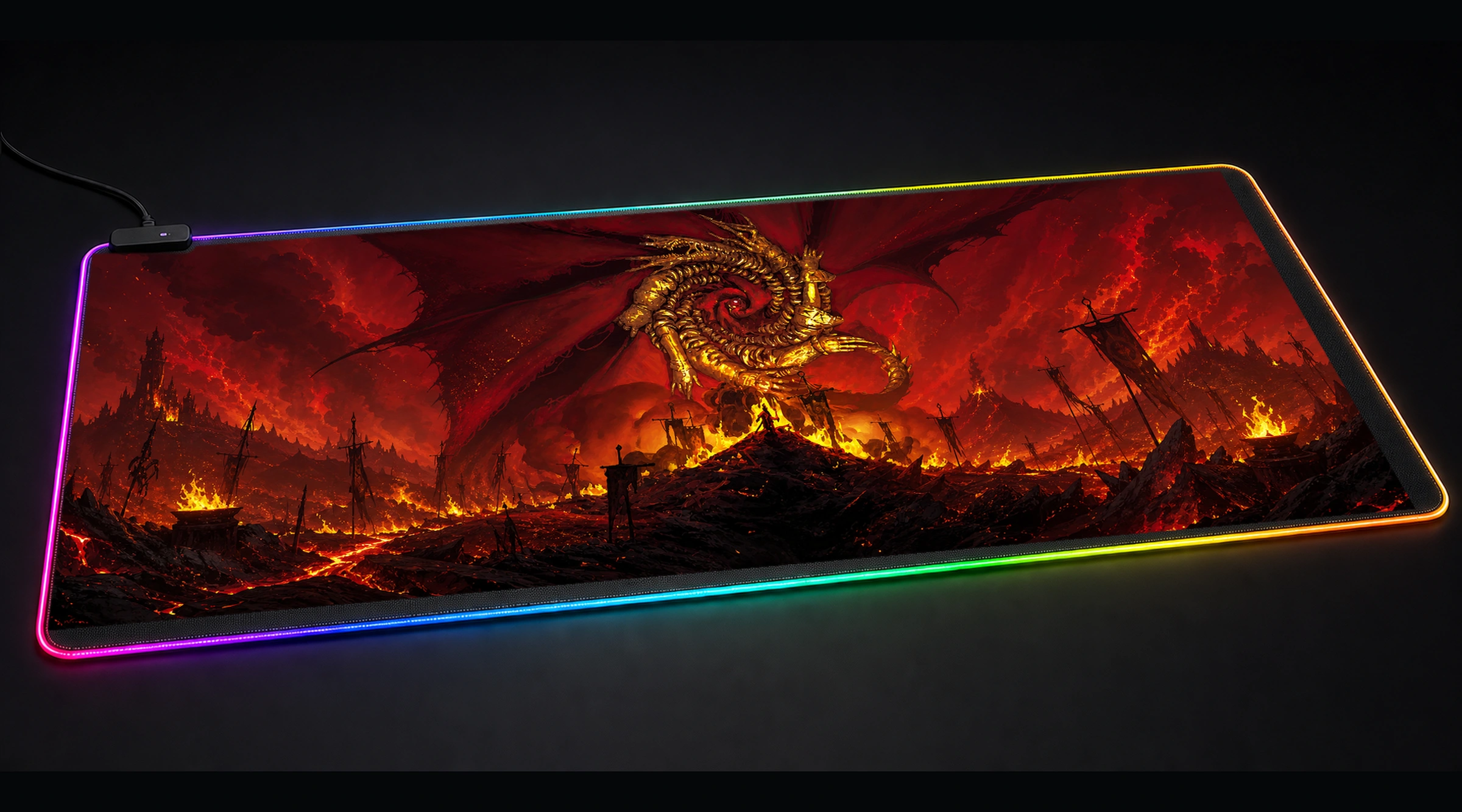 No Rest for the Wicked — Crimson Nightfall dragon fantasy panoramic RGB gaming desk mat product view