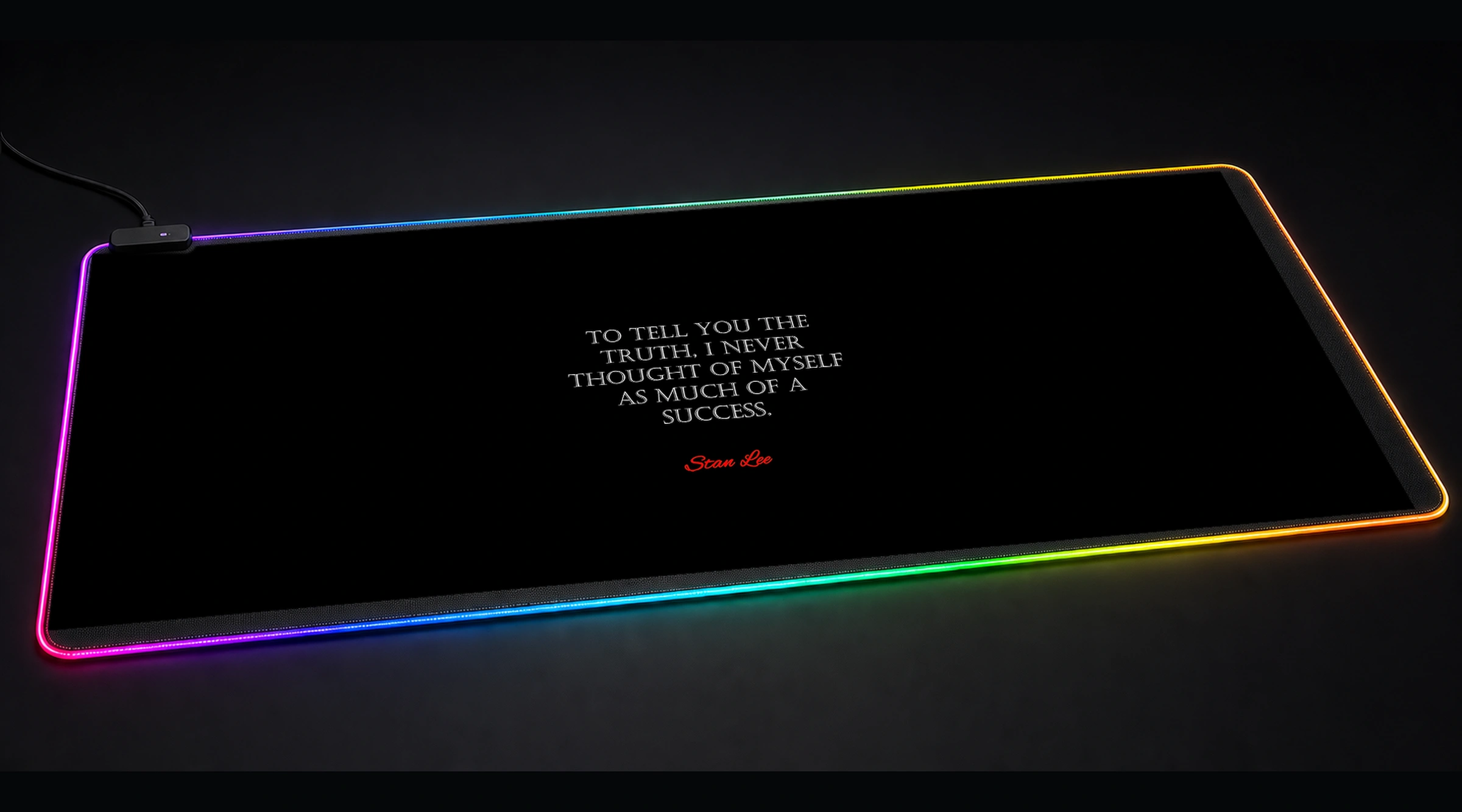 Stan Lee Quotes — Crimson Statement motivational quote panoramic RGB gaming desk mat product view