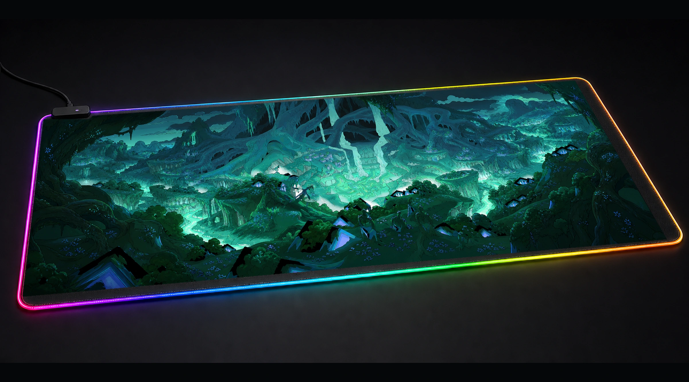 Hades 2 — Azure Power Core game world art panoramic RGB gaming desk mat product view
