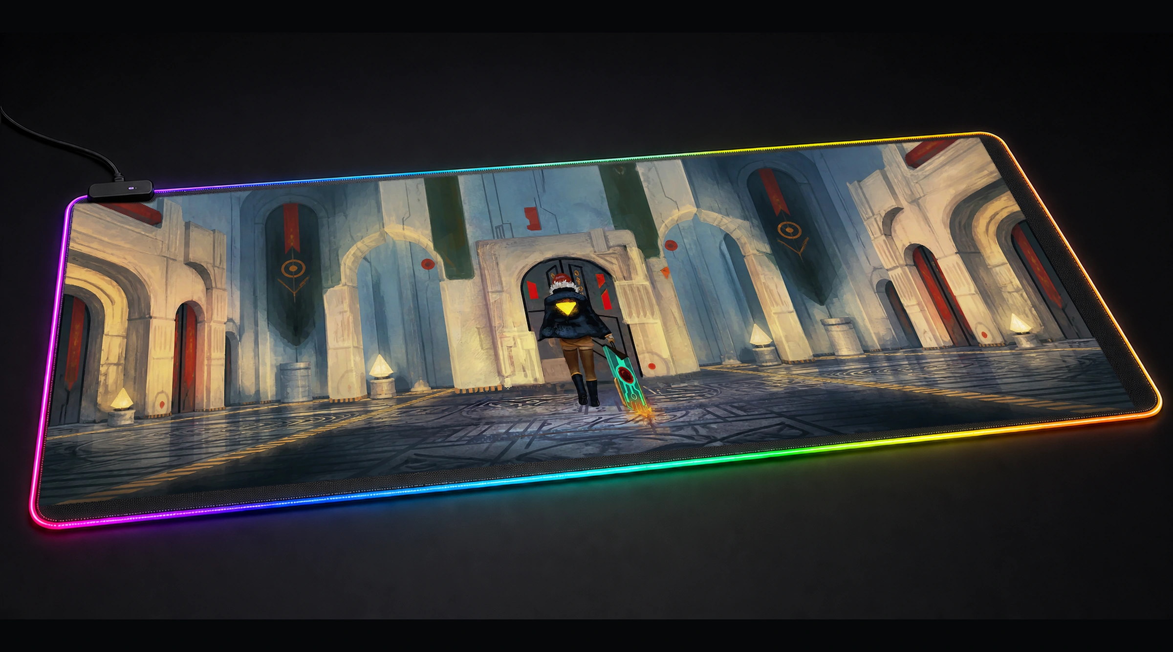 Transistor — Golden Checkpoint game world art panoramic RGB gaming desk mat product view