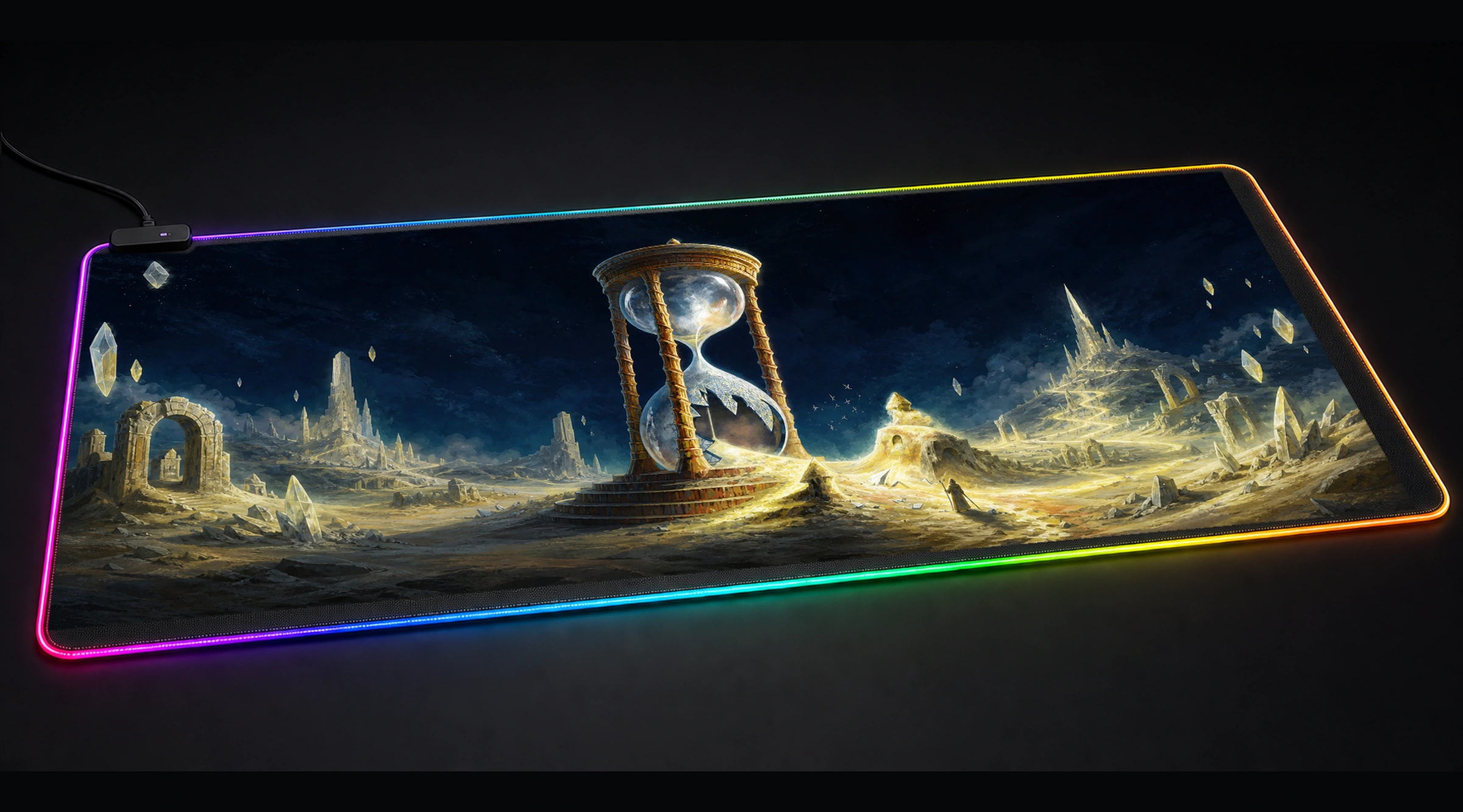 Braid — Golden Power Core game world art panoramic RGB gaming desk mat product view
