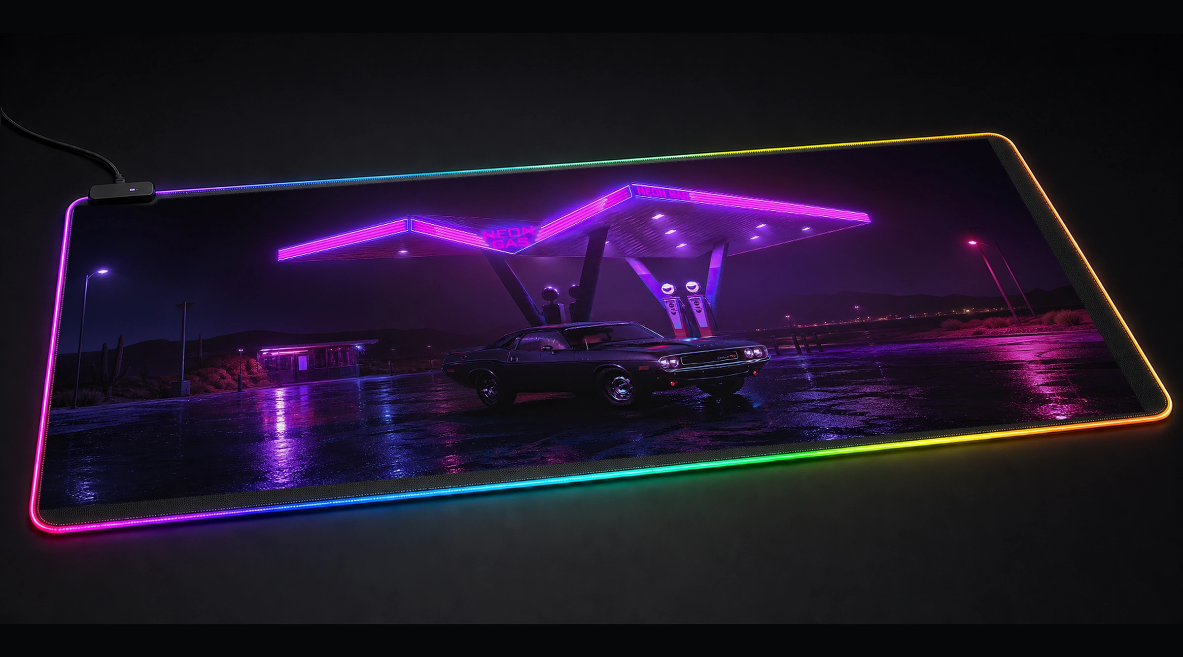 Neon Gas Station Dodge classic muscle car panoramic RGB gaming desk mat product view