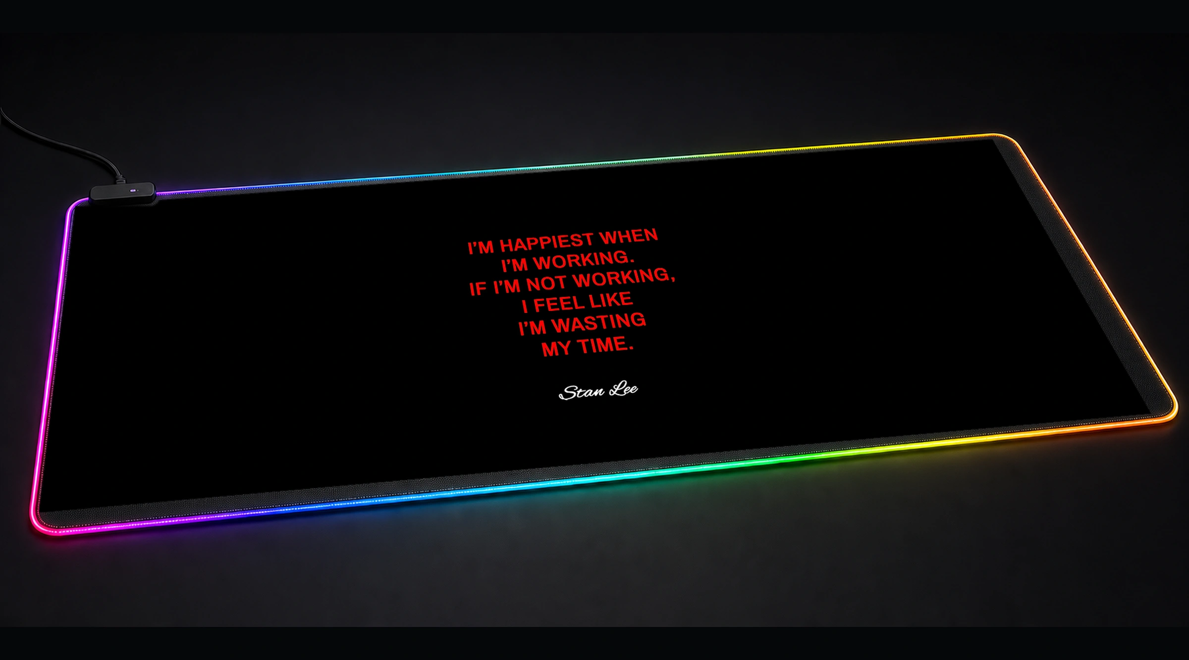 Stan Lee Quotes — Crimson Statement Edition 3 typography quote panoramic RGB gaming desk mat product view