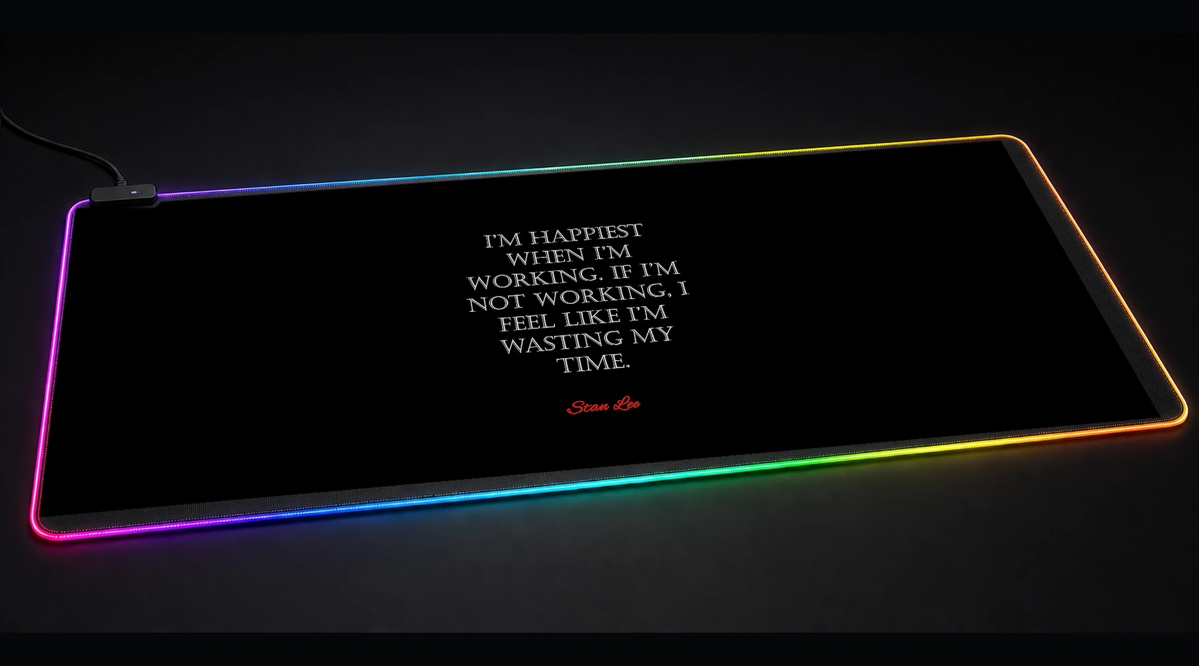 Stan Lee Quotes — Monochrome Punchline typography quote panoramic RGB gaming desk mat product view