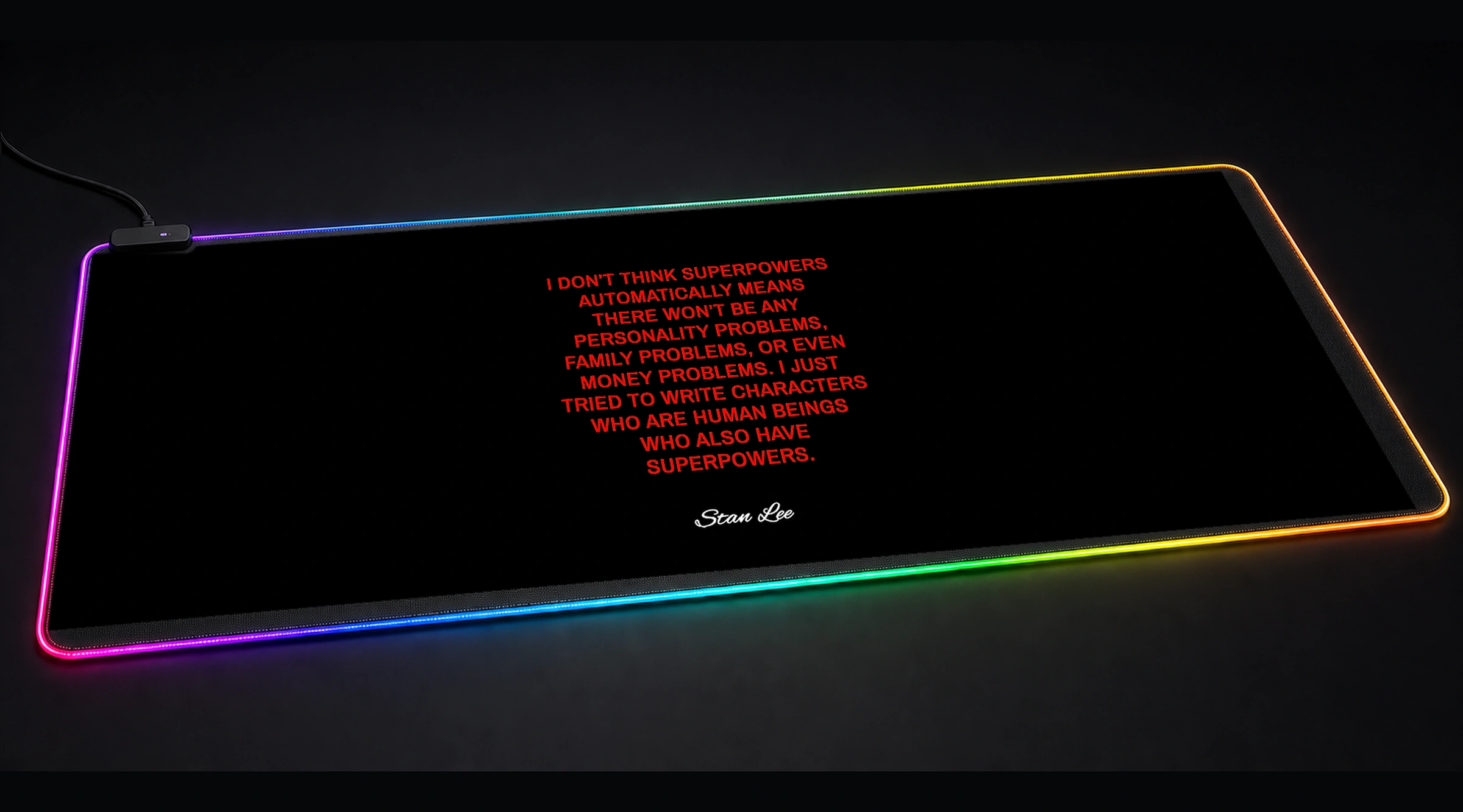 Stan Lee Quotes — Crimson Mindset typography quote panoramic RGB gaming desk mat product view