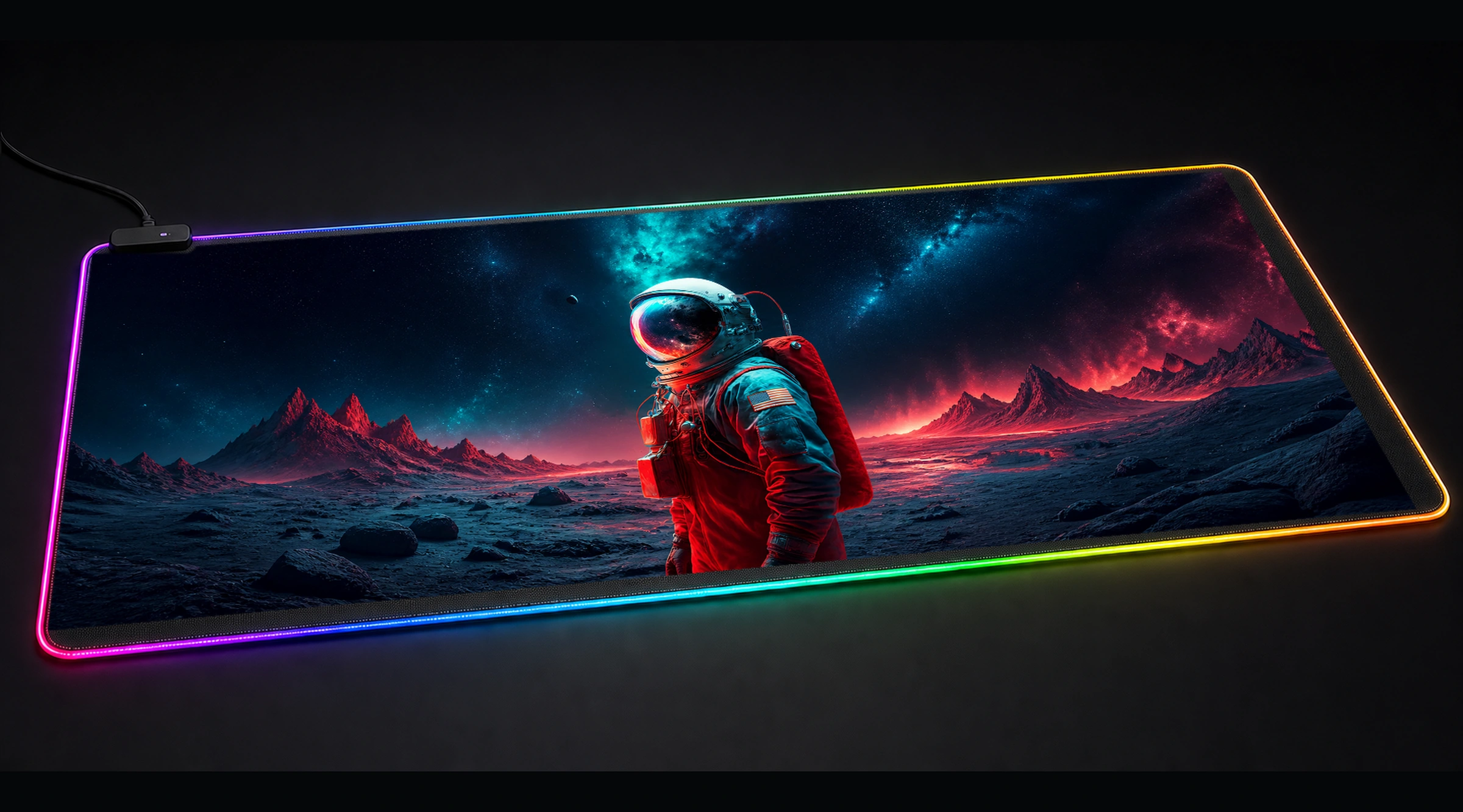 Beyond the Stars Astronaut astronaut space art panoramic RGB gaming desk mat product view