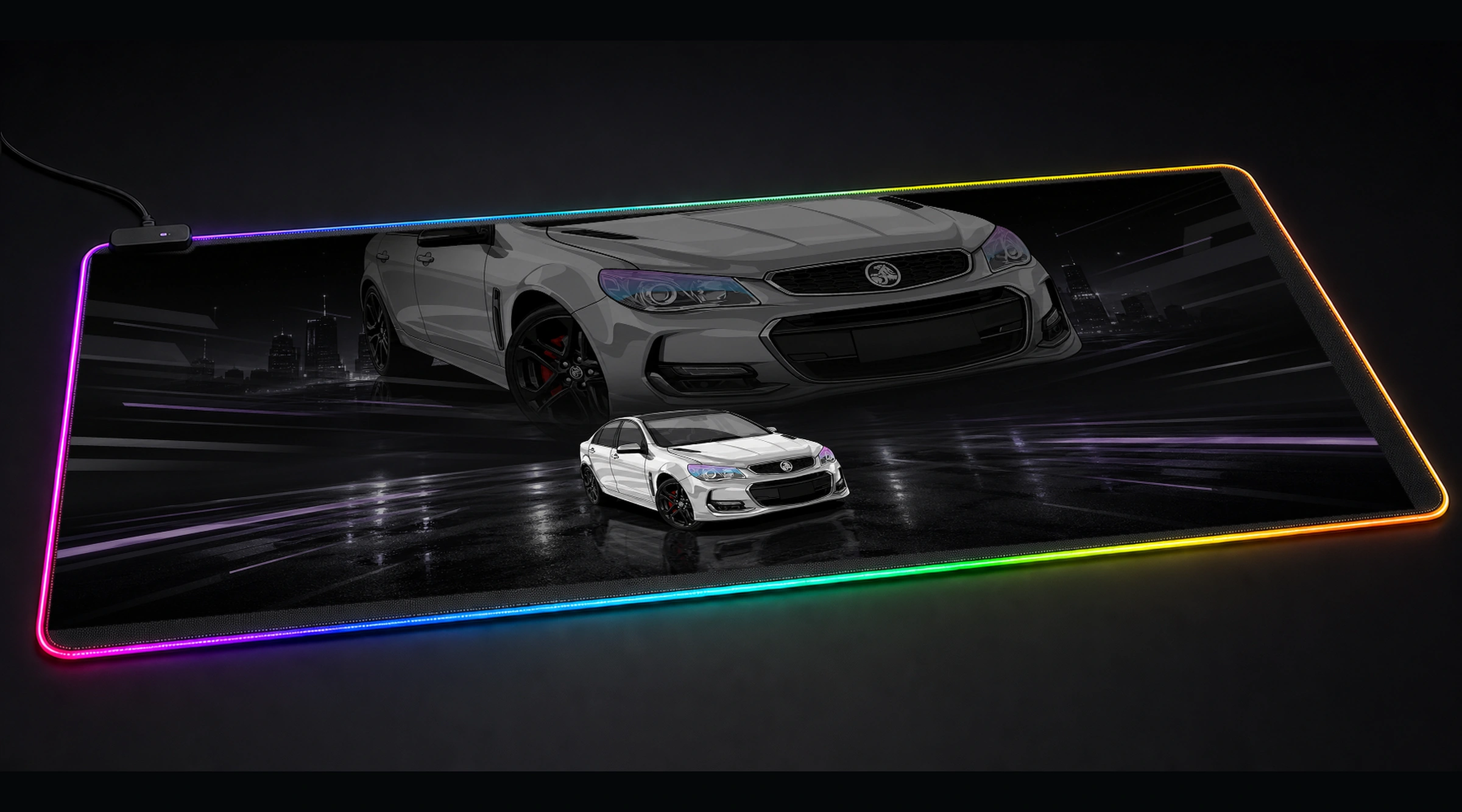 White Holden Vfii Commodore Illustration supercar art panoramic RGB gaming desk mat product view