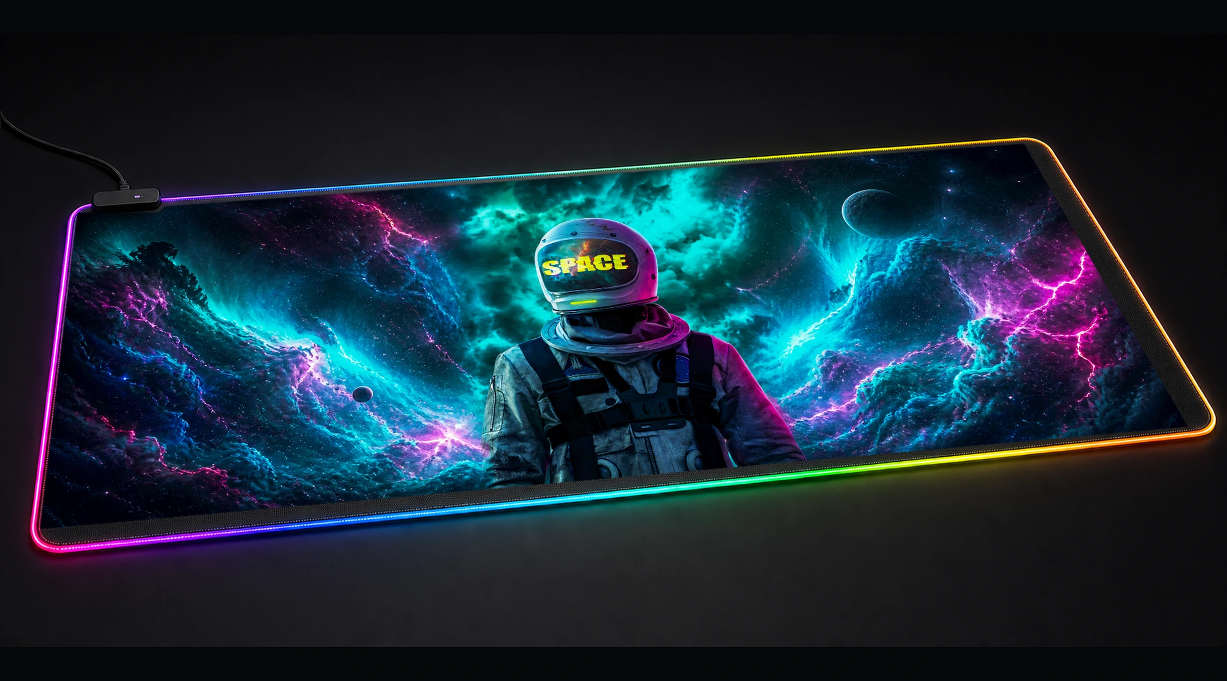 Aesthetic Astronout Space galaxy space art panoramic RGB gaming desk mat product view