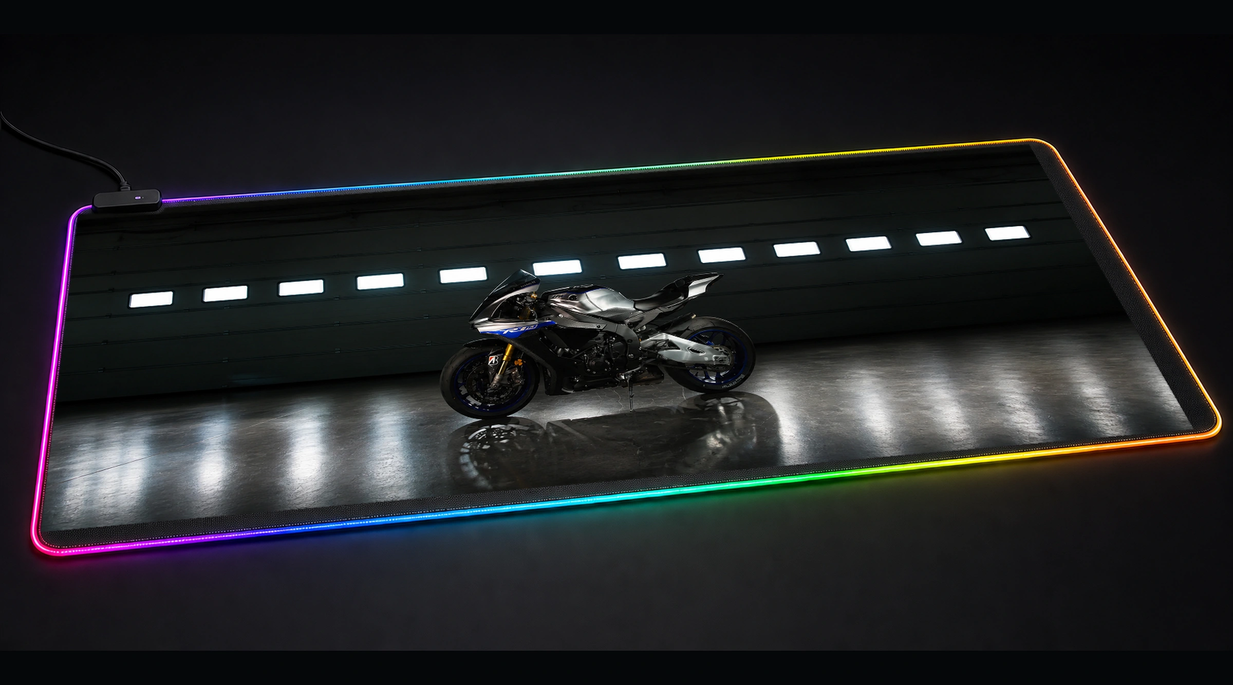 Yamaha R1 — Monochrome Apex motorcycle motocross panoramic RGB gaming desk mat product view