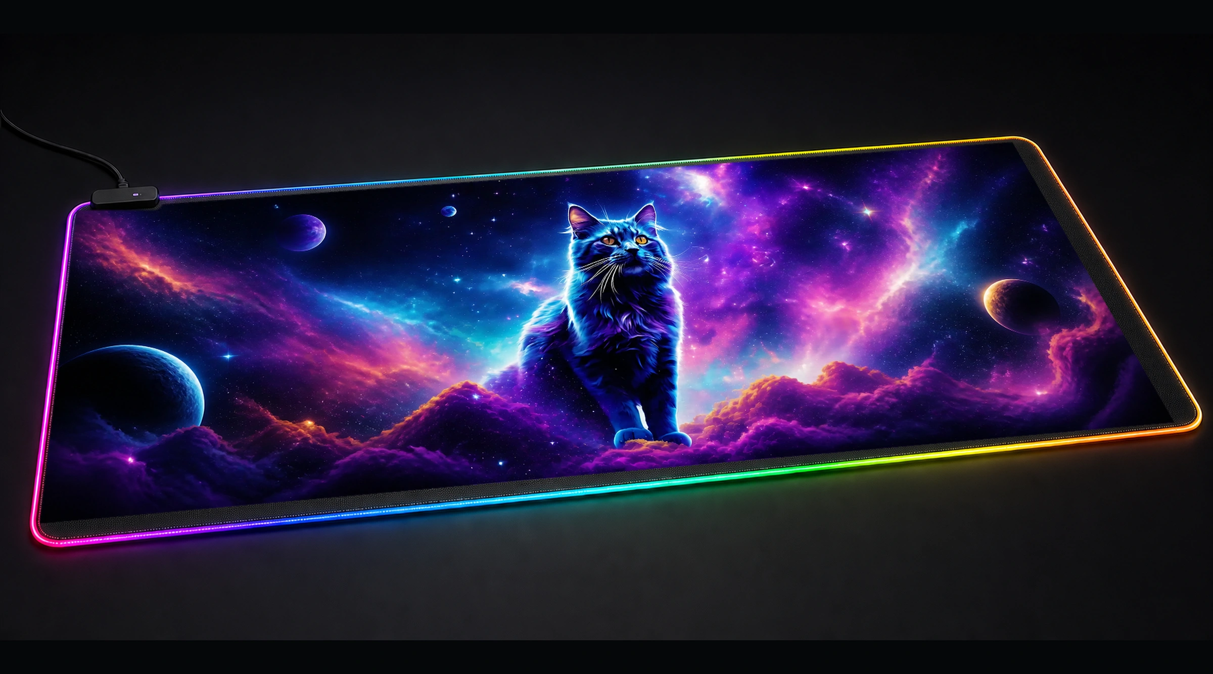 Cat — Violet Orbit galaxy space art panoramic RGB gaming desk mat product view