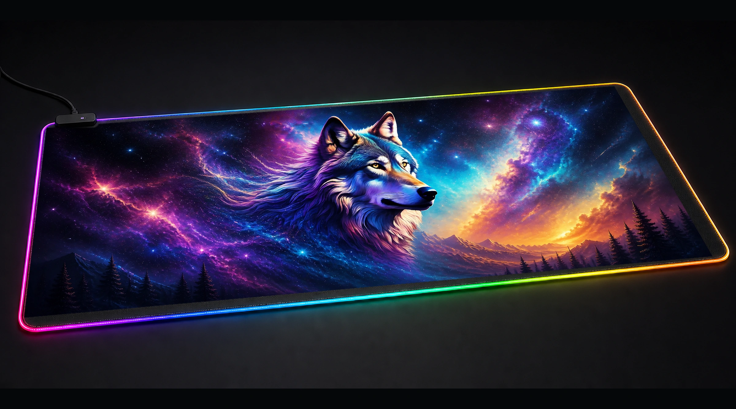 Space Wolf — Violet Forest Light wildlife art panoramic RGB gaming desk mat product view
