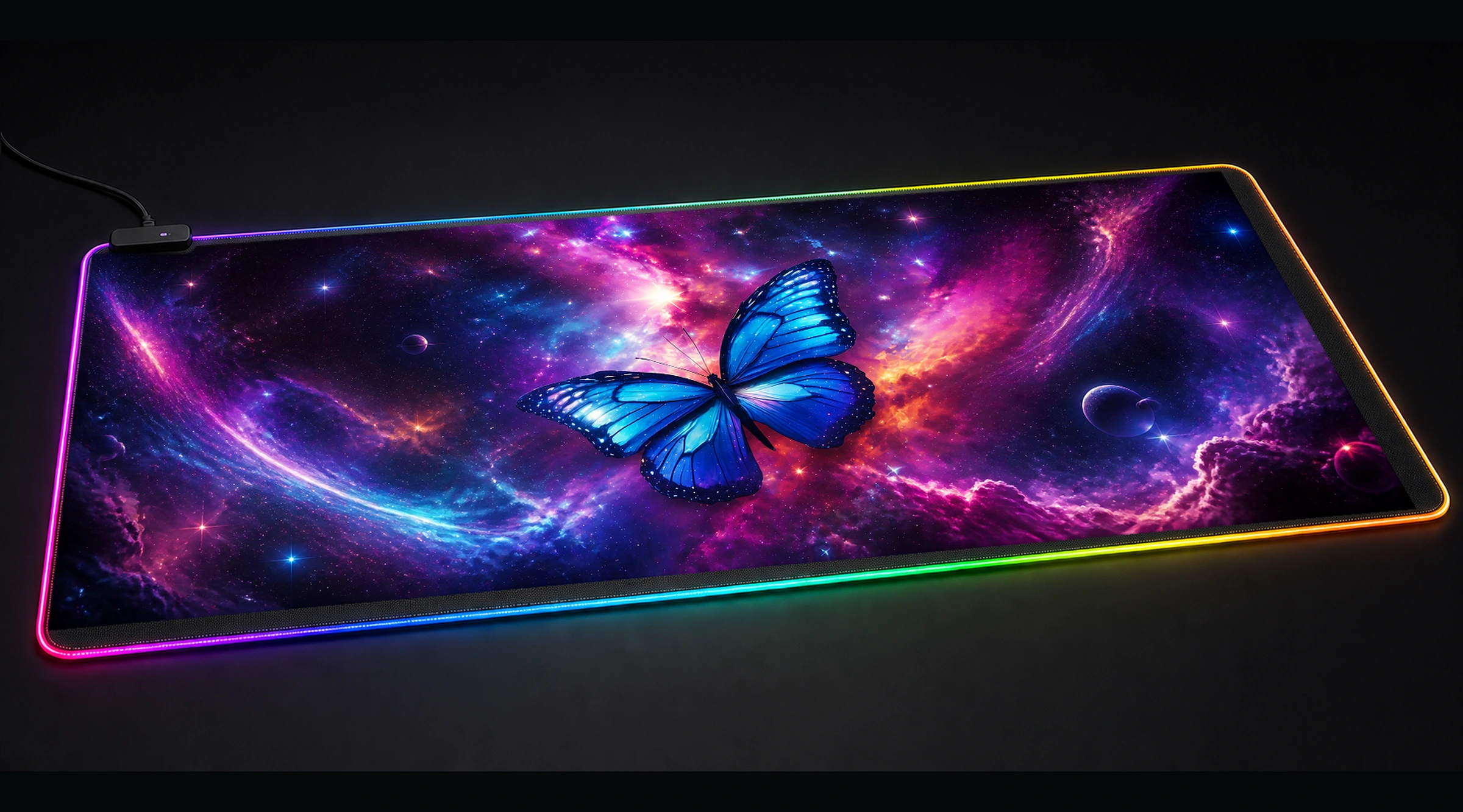 Space Butterfly — Violet Signal City galaxy space art panoramic RGB gaming desk mat product view