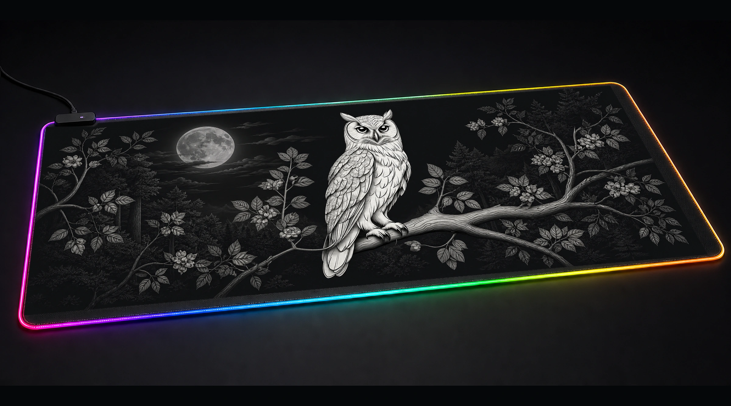Owl — Monochrome Quiet Water bird art panoramic RGB gaming desk mat product view