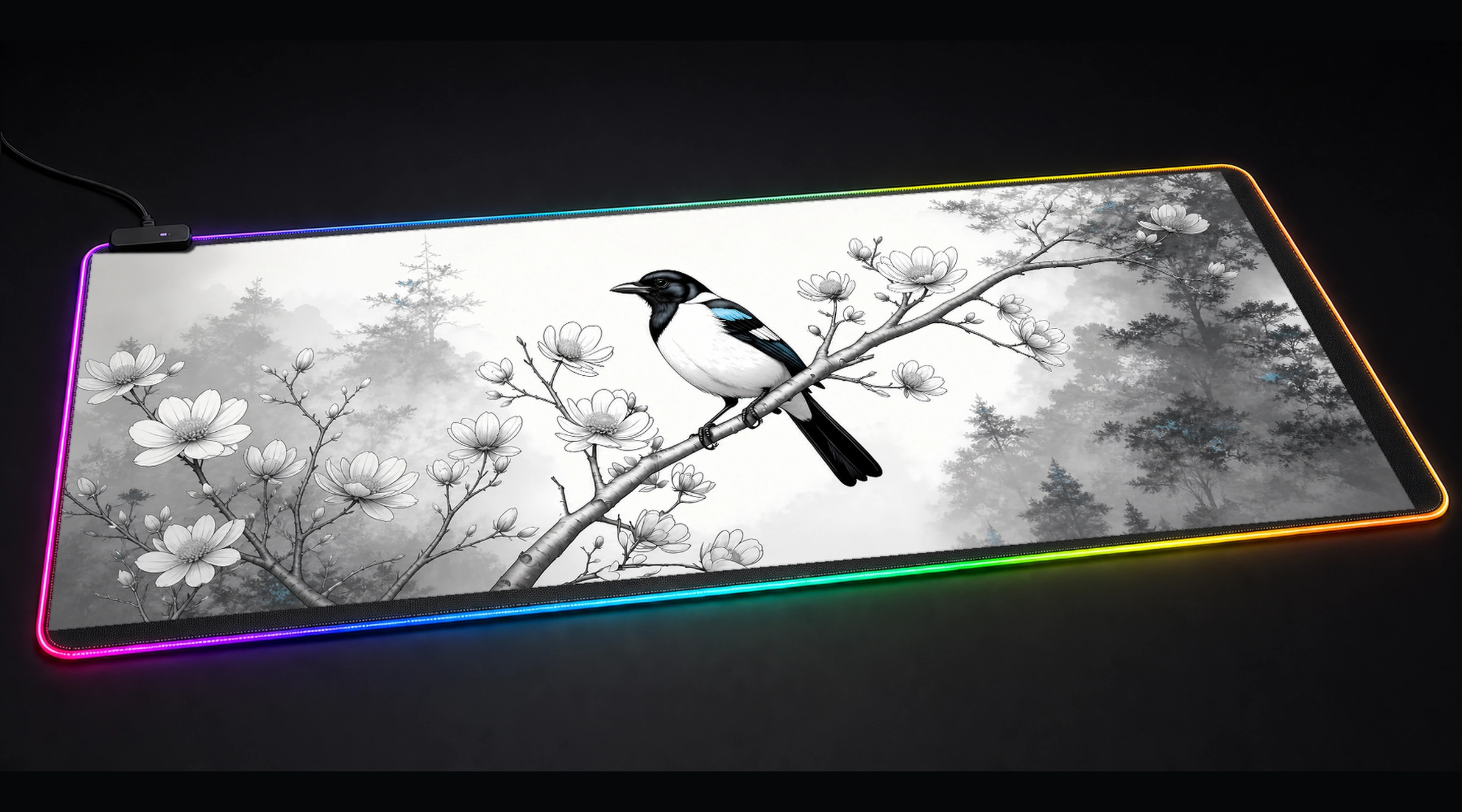 Magpie Stone — Monochrome Forest Light floral botanical art panoramic RGB gaming desk mat product view