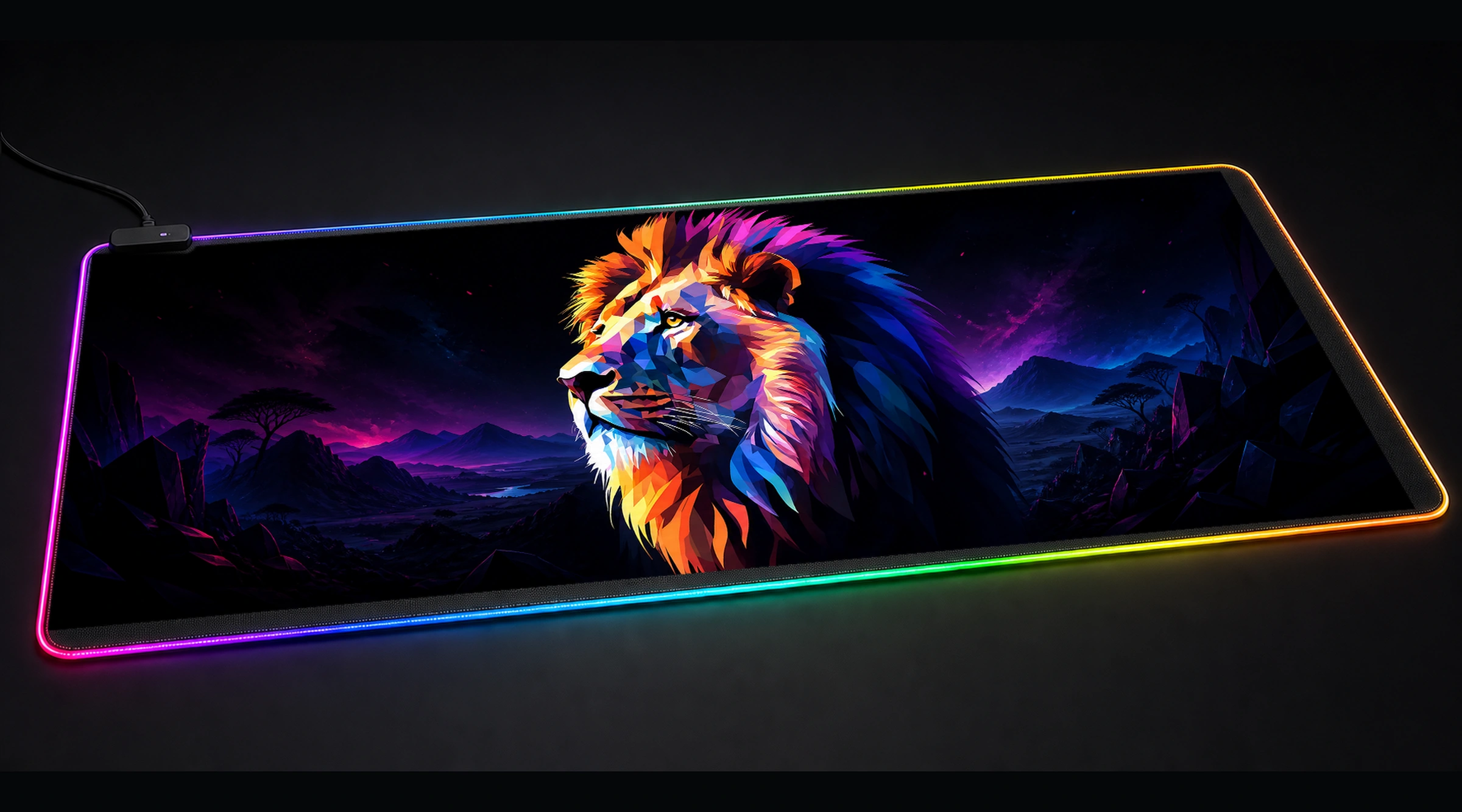 Lion — Magenta Wild Haven wildlife art panoramic RGB gaming desk mat product view