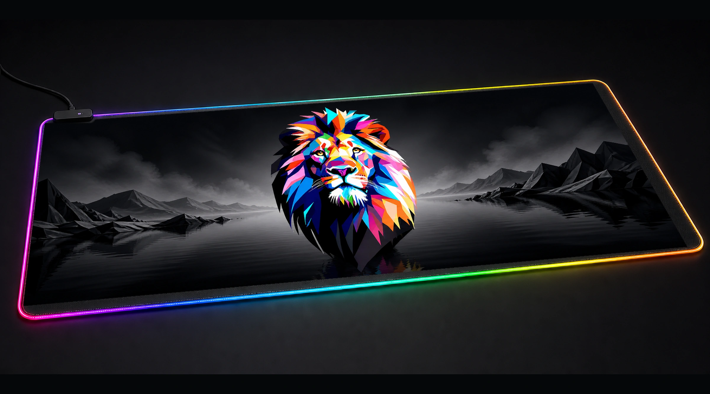 Lion — Monochrome Quiet Water wildlife art panoramic RGB gaming desk mat product view