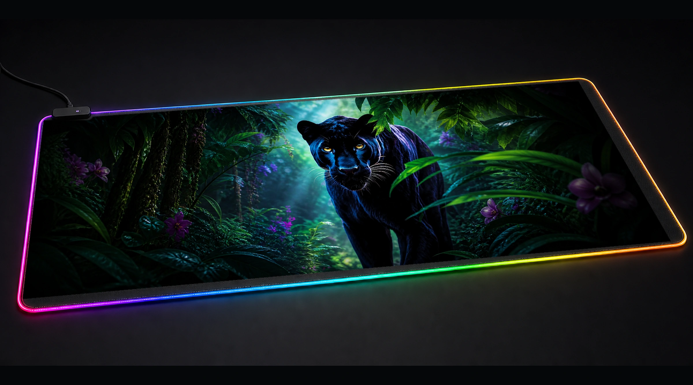 Black Panther — Azure Forest Light nature animal art panoramic RGB gaming desk mat product view