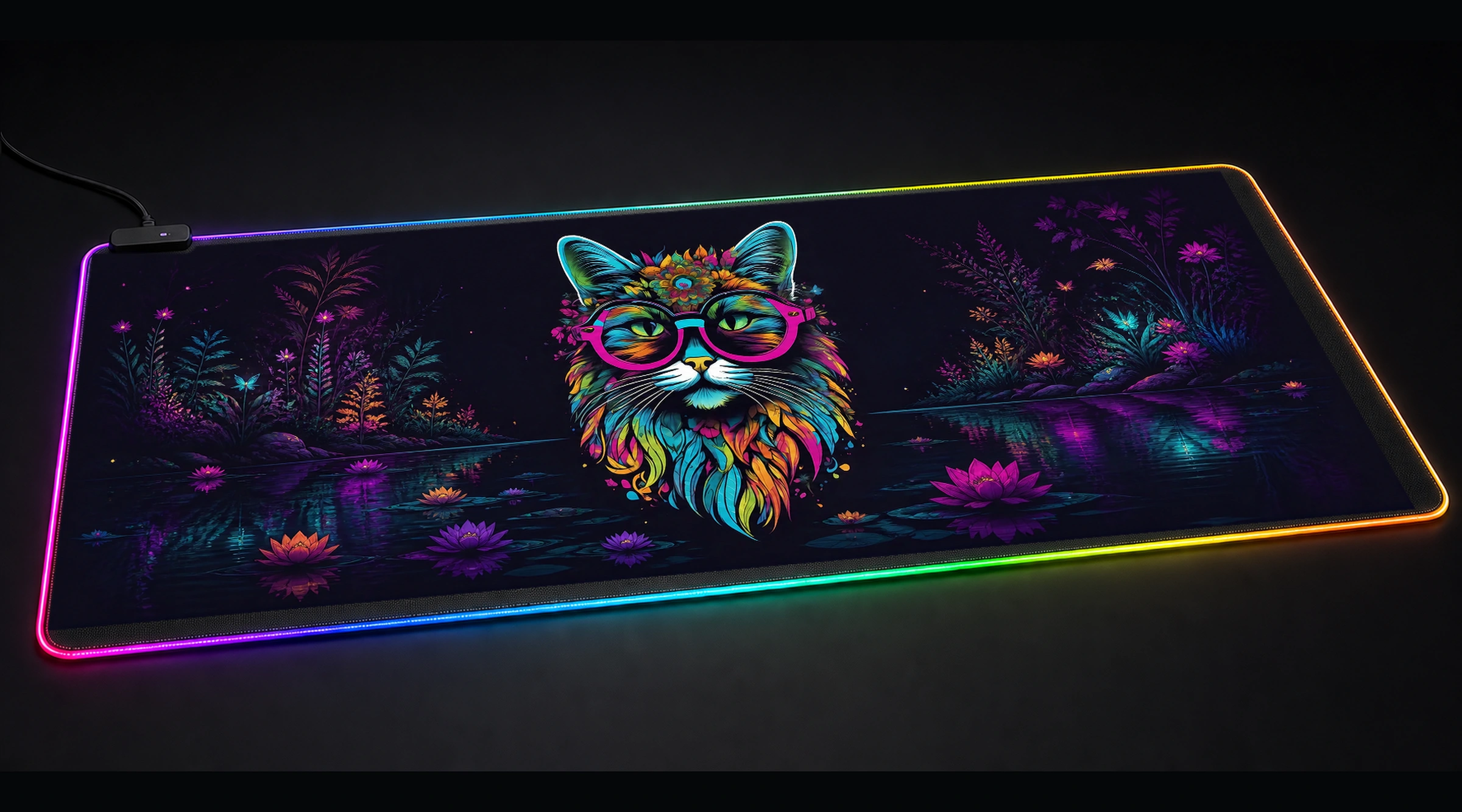 Cat — Violet Quiet Water pet portrait art panoramic RGB gaming desk mat product view