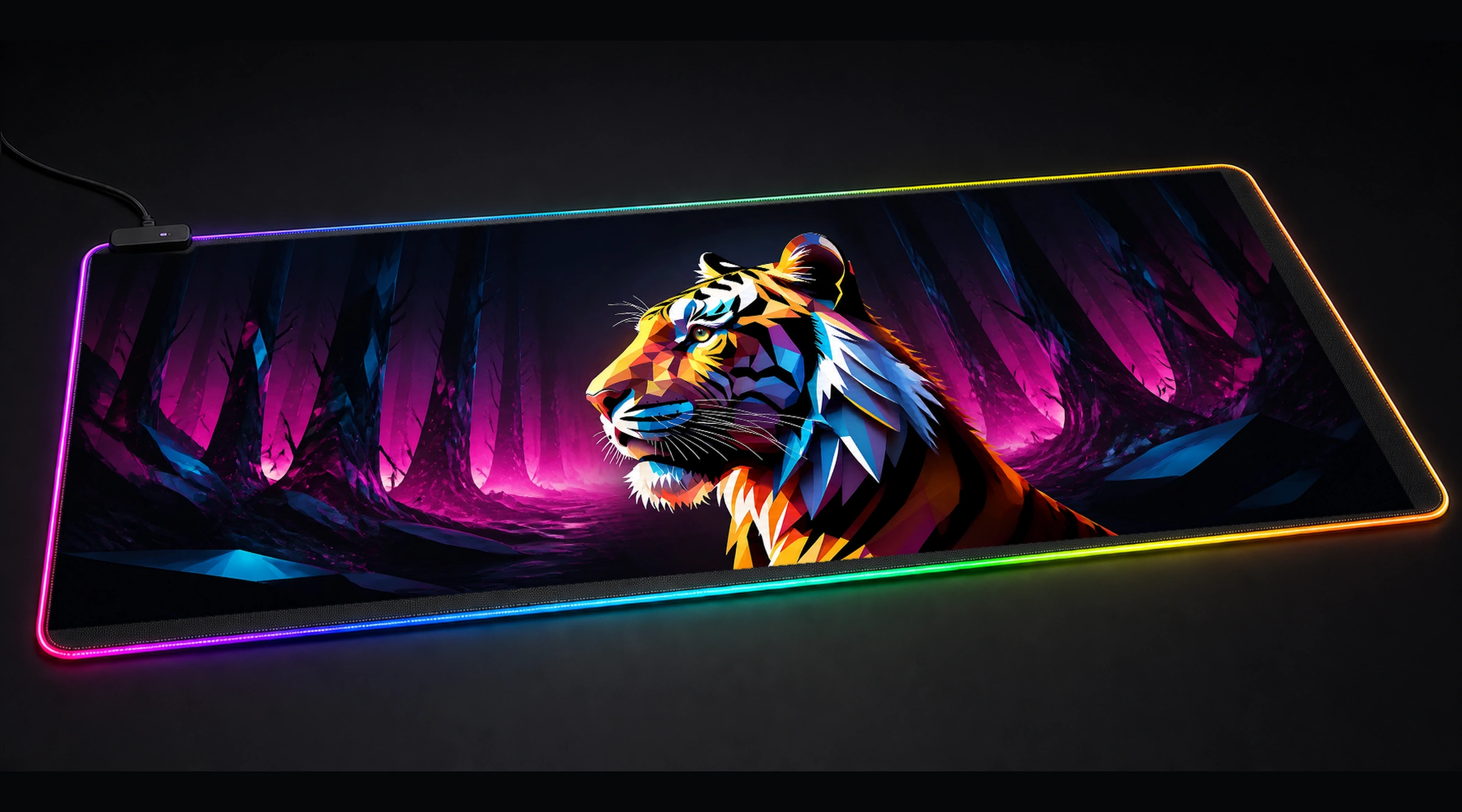 Tiger — Magenta Forest Light wildlife art panoramic RGB gaming desk mat product view