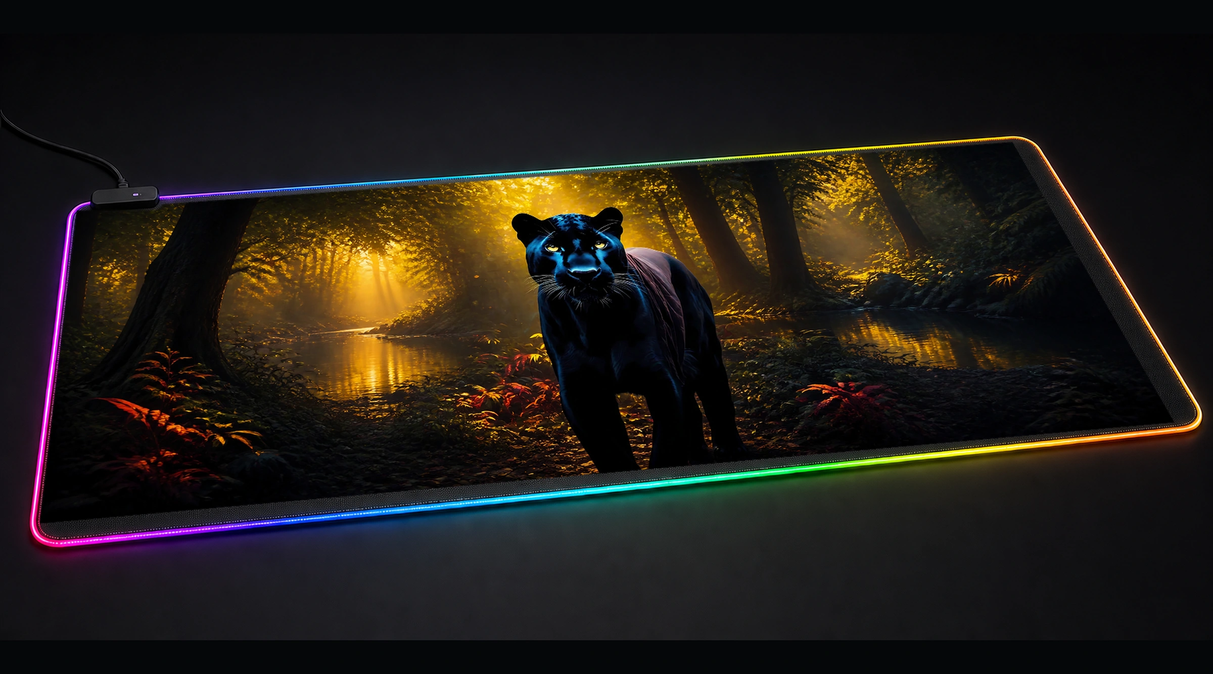 Black Panther — Golden Quiet Water forest landscape panoramic RGB gaming desk mat product view