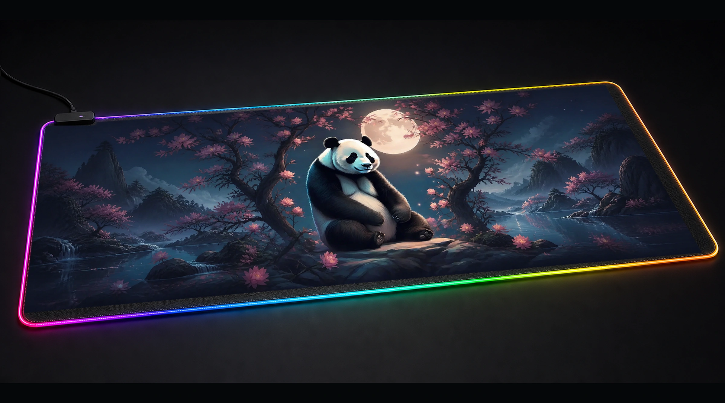 Panda — Monochrome Bloom wildlife art panoramic RGB gaming desk mat product view